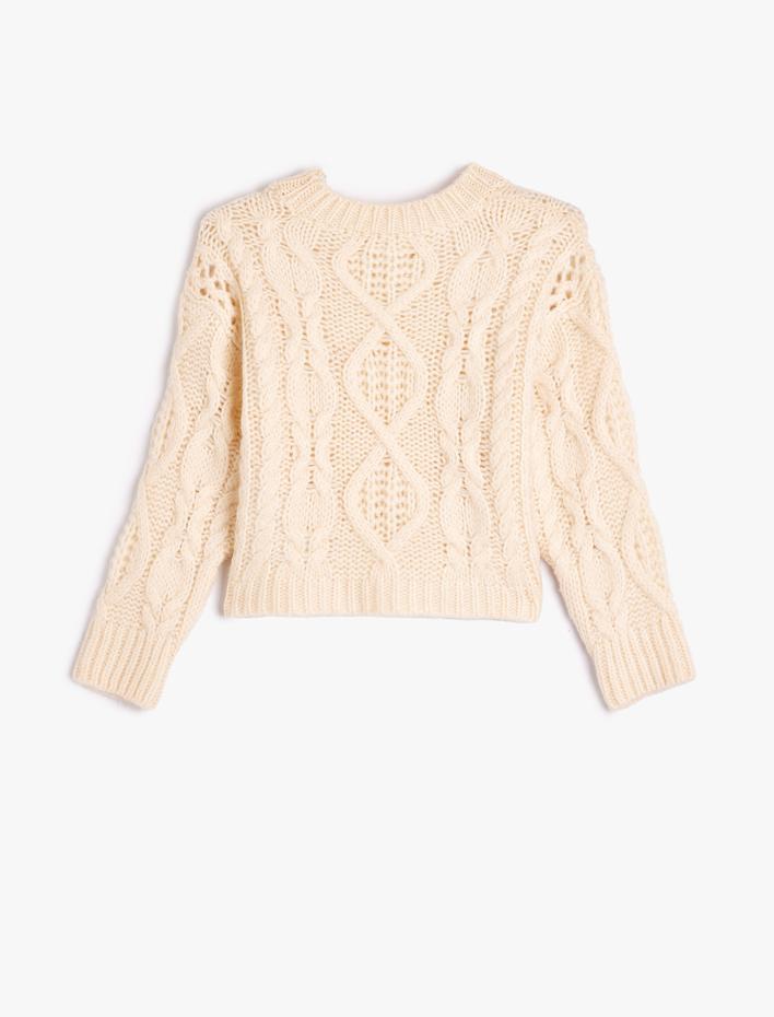 Kız Çocuk Basic Triko Kazak Saç Örgü Detaylı Uzun Kollu Bisiklet Yaka