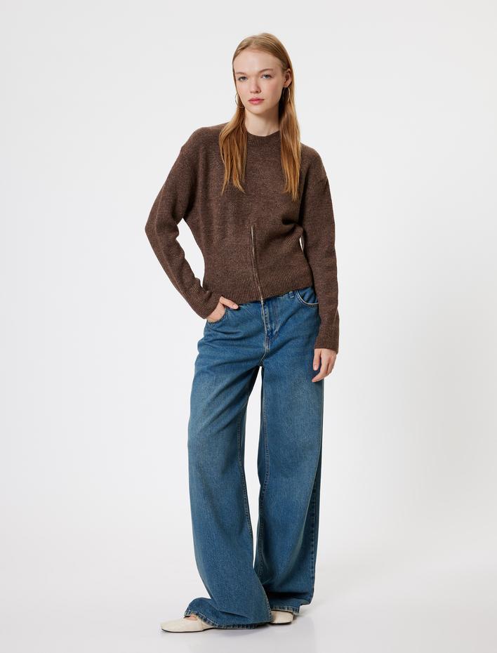  Bisiklet Yaka Kazak Fermuar Detaylı Yumuşak Dokulu Uzun Kollu