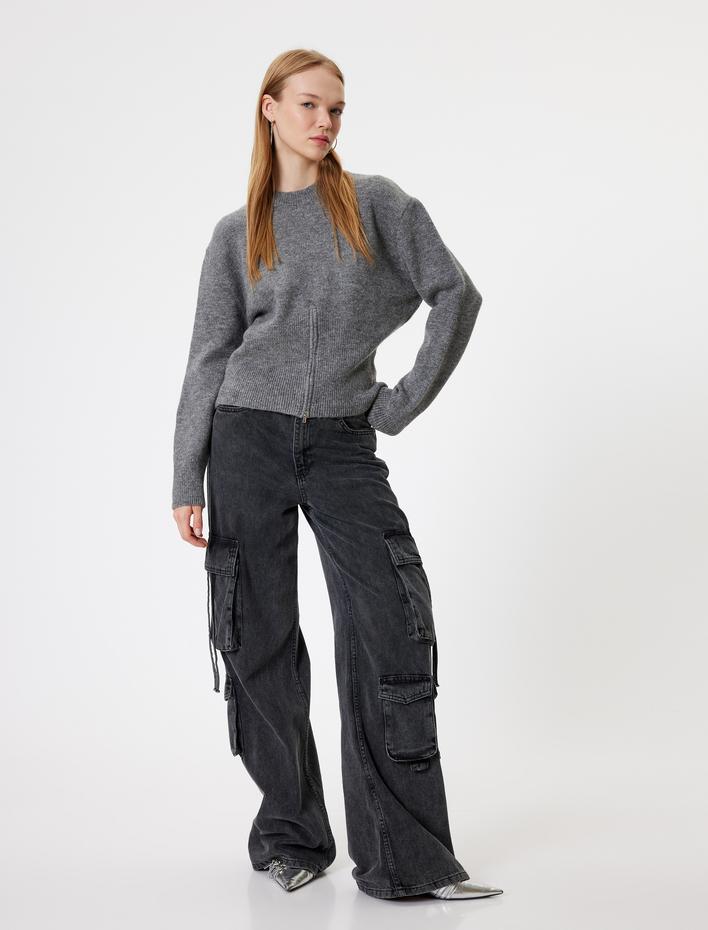  Bisiklet Yaka Kazak Fermuar Detaylı Yumuşak Dokulu Uzun Kollu