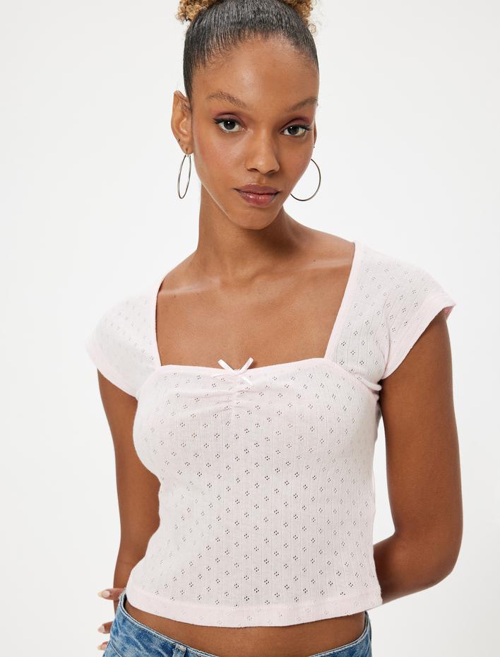  Kap Kol Tişört Fiyonk Detaylı Kare Yaka Slim Fit