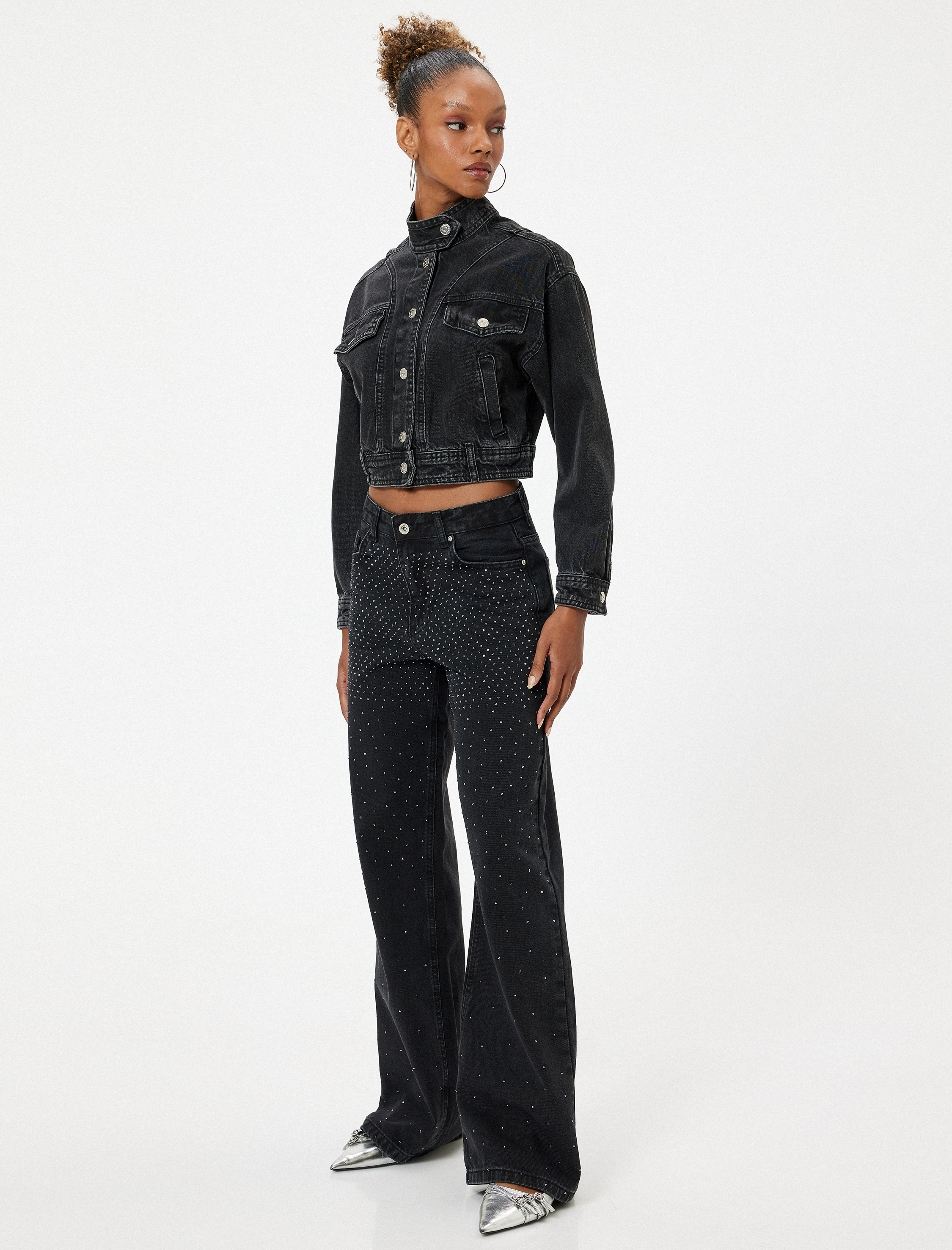   Geniş Paça Kot Pantolon Taşlı Düğmeli Standart Bel Pamuklu - Bianca Wide Leg Jeans