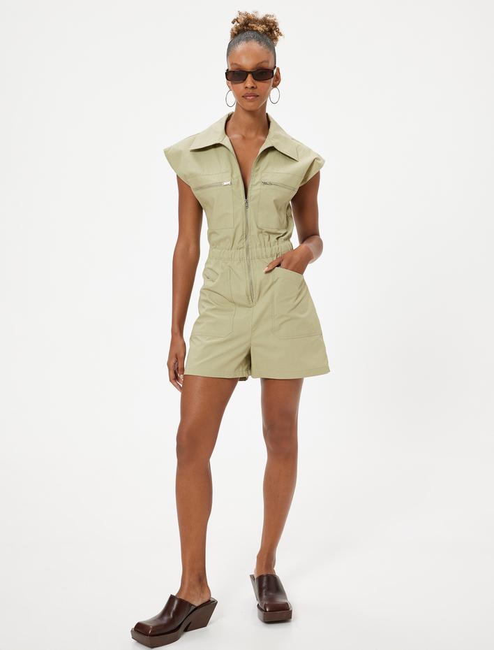  Mini Şort Tulum Fermuarlı Cep Detaylı Gömlek Yaka