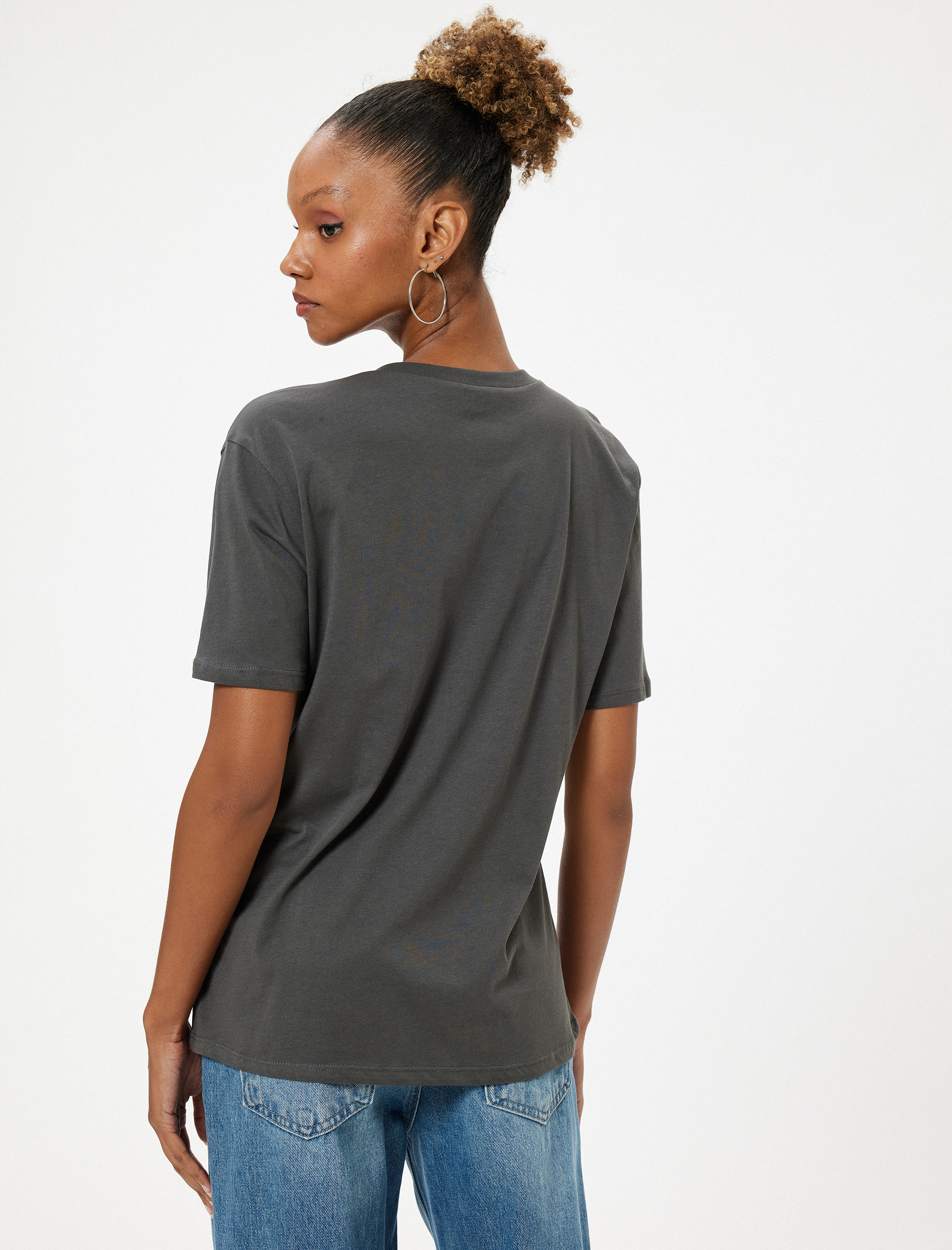   Oversize Slogan Baskılı Tişört Bisiklet Yaka Kısa Kollu Pamuklu