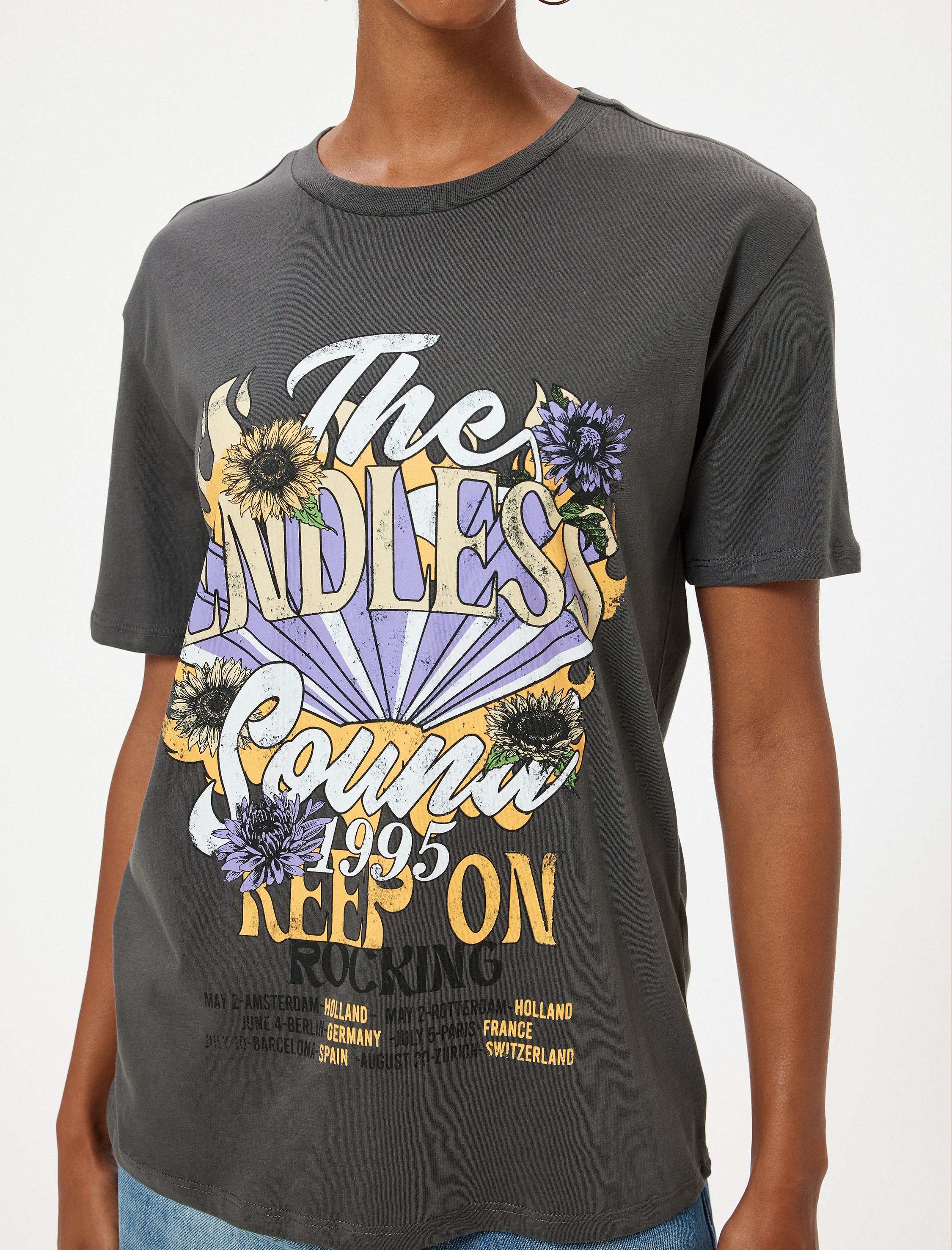   Oversize Slogan Baskılı Tişört Bisiklet Yaka Kısa Kollu Pamuklu