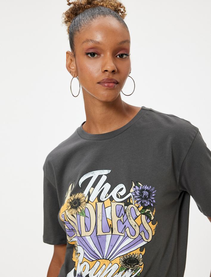  Oversize Slogan Baskılı Tişört Bisiklet Yaka Kısa Kollu Pamuklu