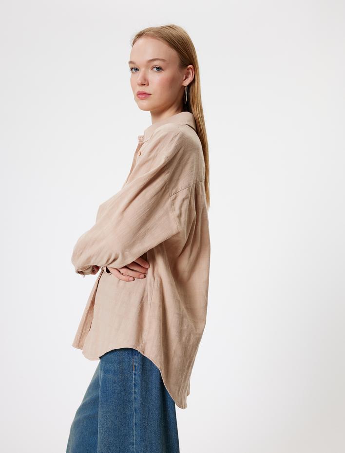  Oversize Gömlek Uzun Kollu Dokulu Klasik Yaka Düğmeli