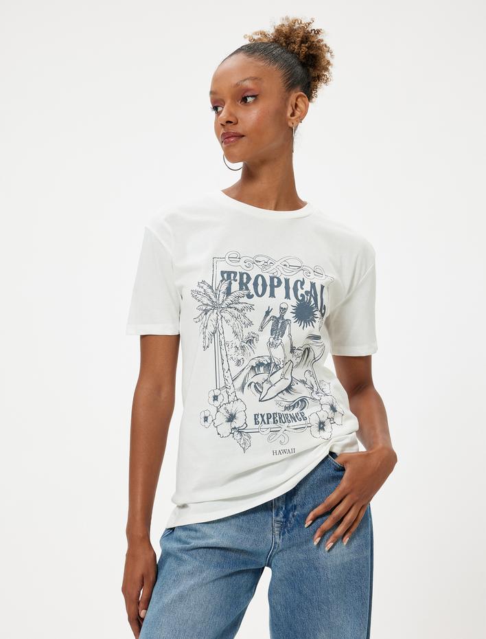  Baskılı Tişört Kısa Kollu Bisiklet Yaka Pamuklu