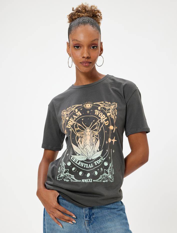  Slogan Baskılı Tişört Bisiklet Yaka Kısa Kollu Pamuklu