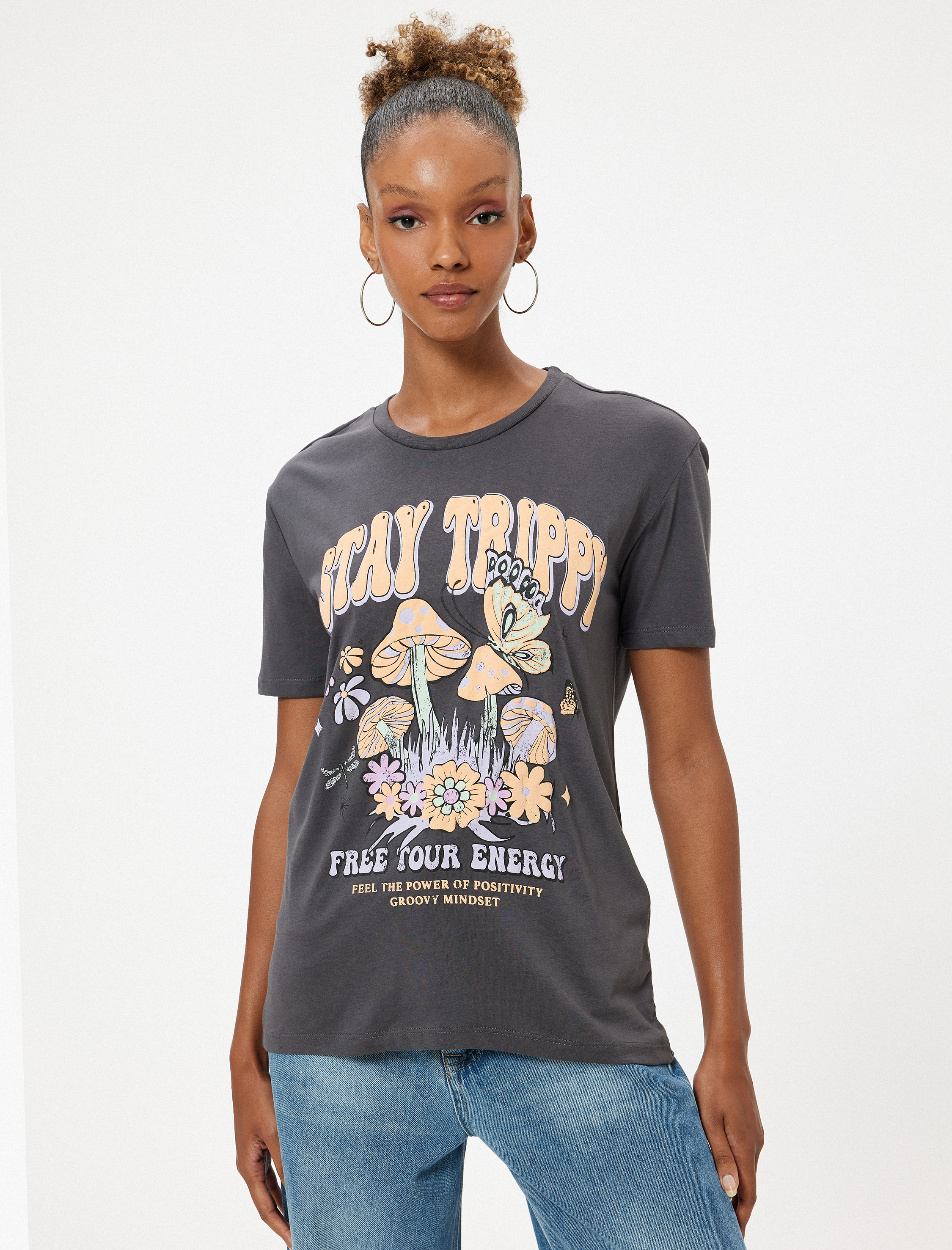   Oversize Tişört Kısa Kollu Slogan Baskılı Bisiklet Yaka Pamuklu