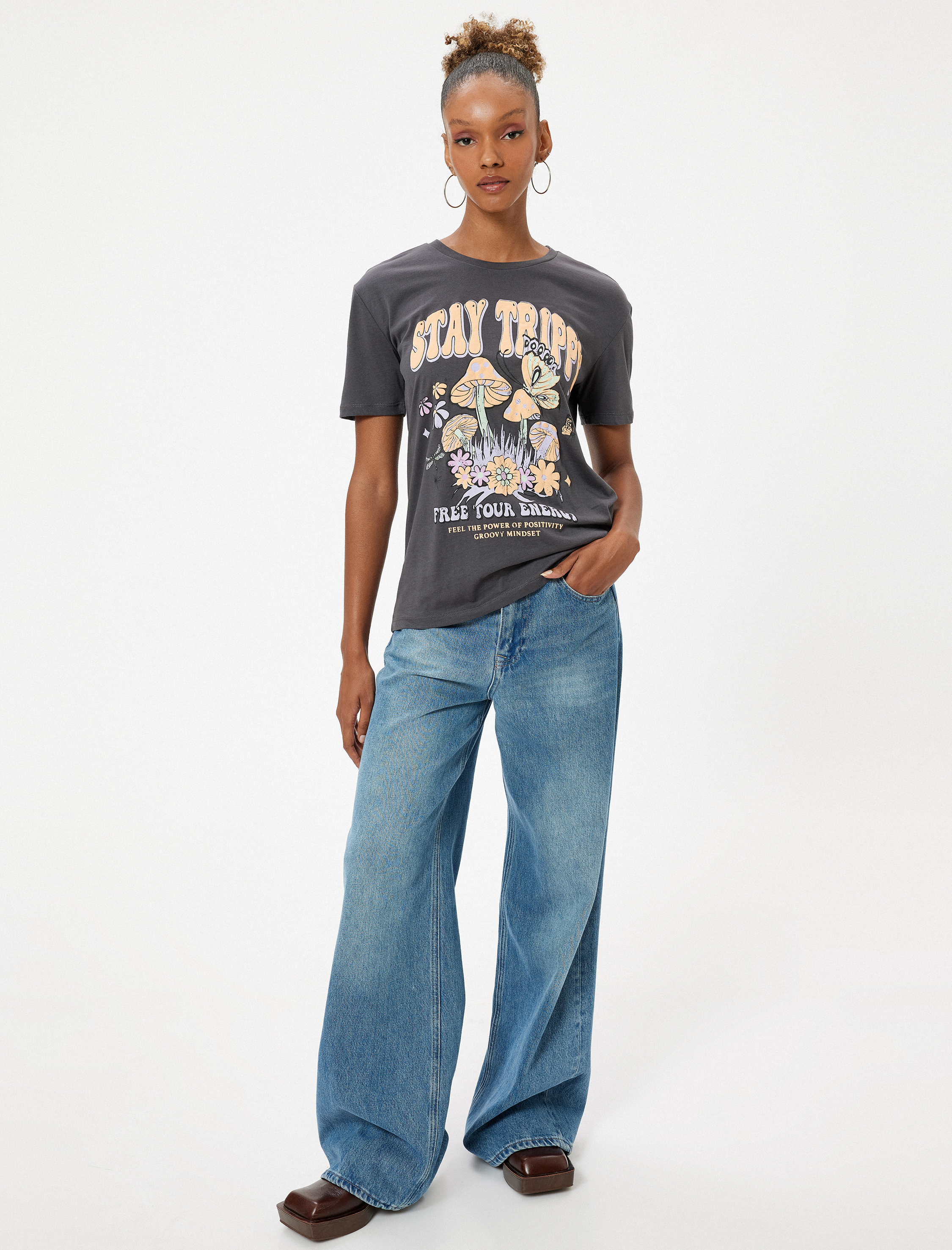   Oversize Tişört Kısa Kollu Slogan Baskılı Bisiklet Yaka Pamuklu