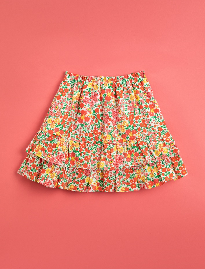 Kız Çocuk Çiçekli Etek Katlı Pamuklu