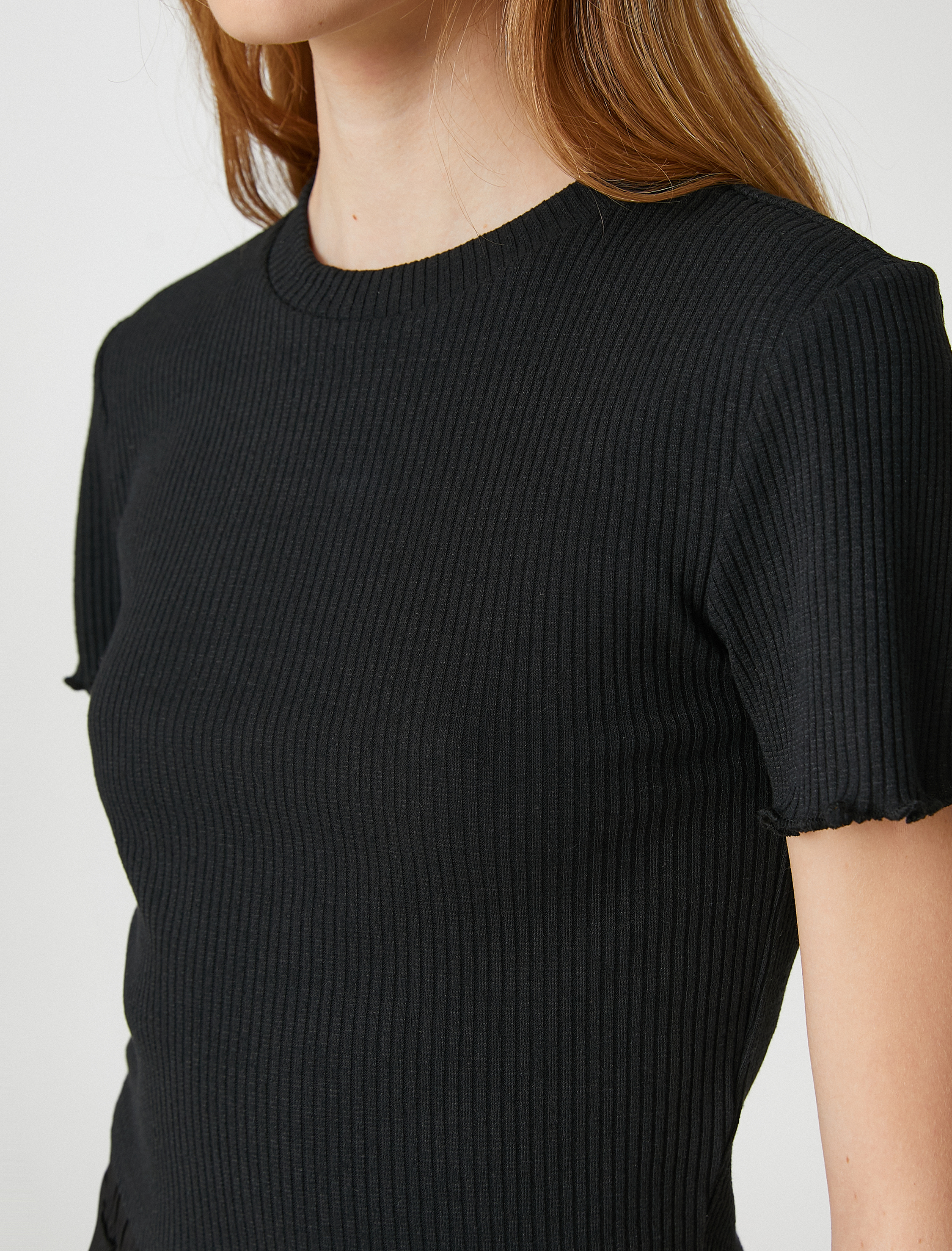   Crop Tişört Kısa Kollu Bisiklet Yaka Dokulu