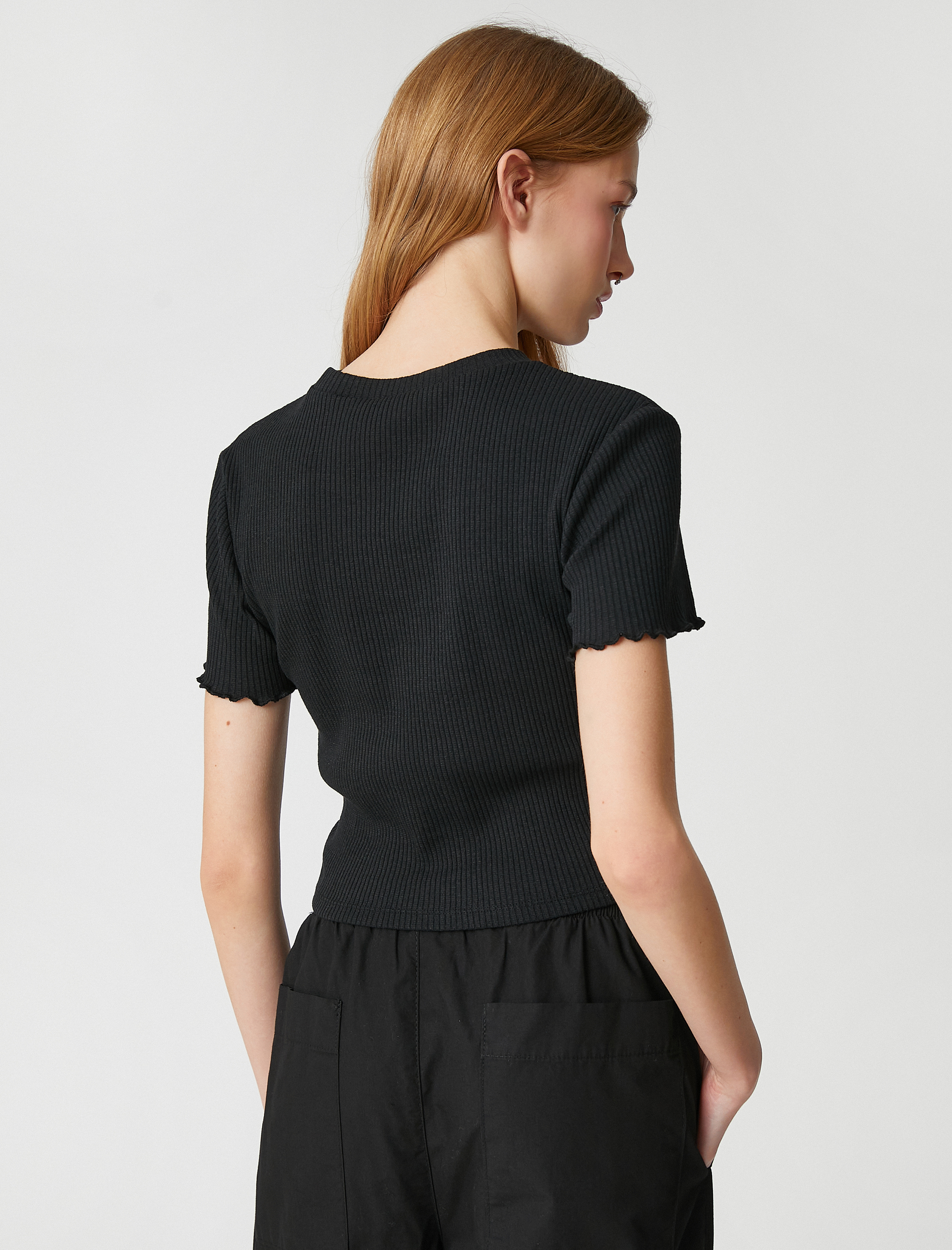   Crop Tişört Kısa Kollu Bisiklet Yaka Dokulu