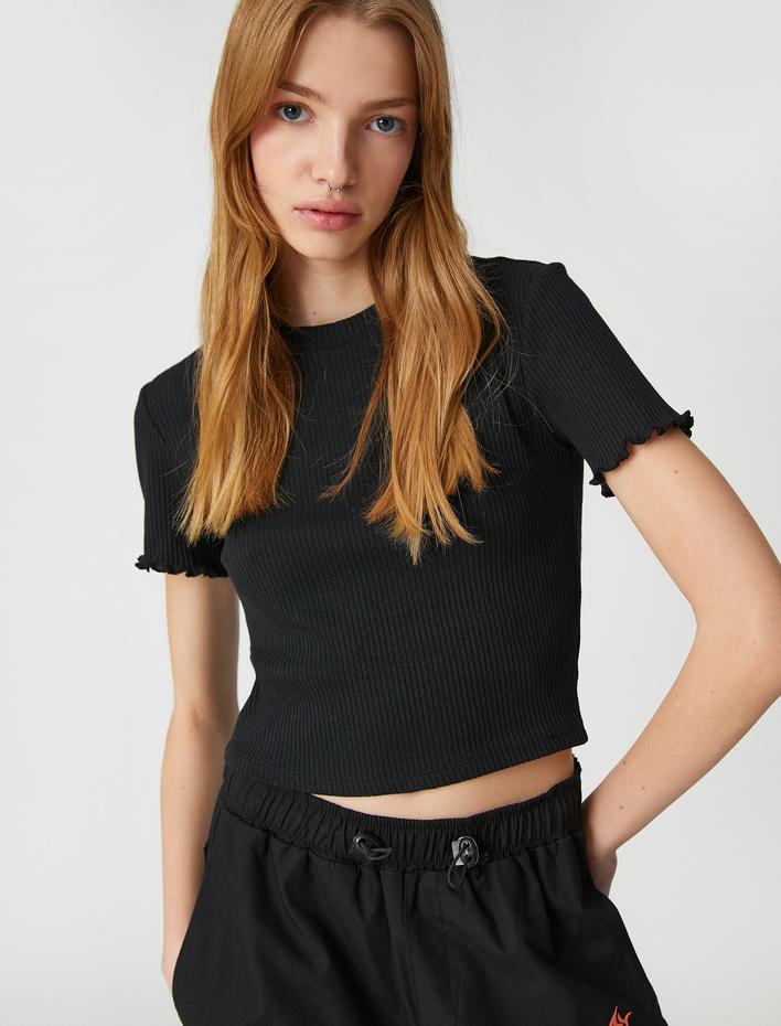  Crop Tişört Kısa Kollu Bisiklet Yaka Dokulu