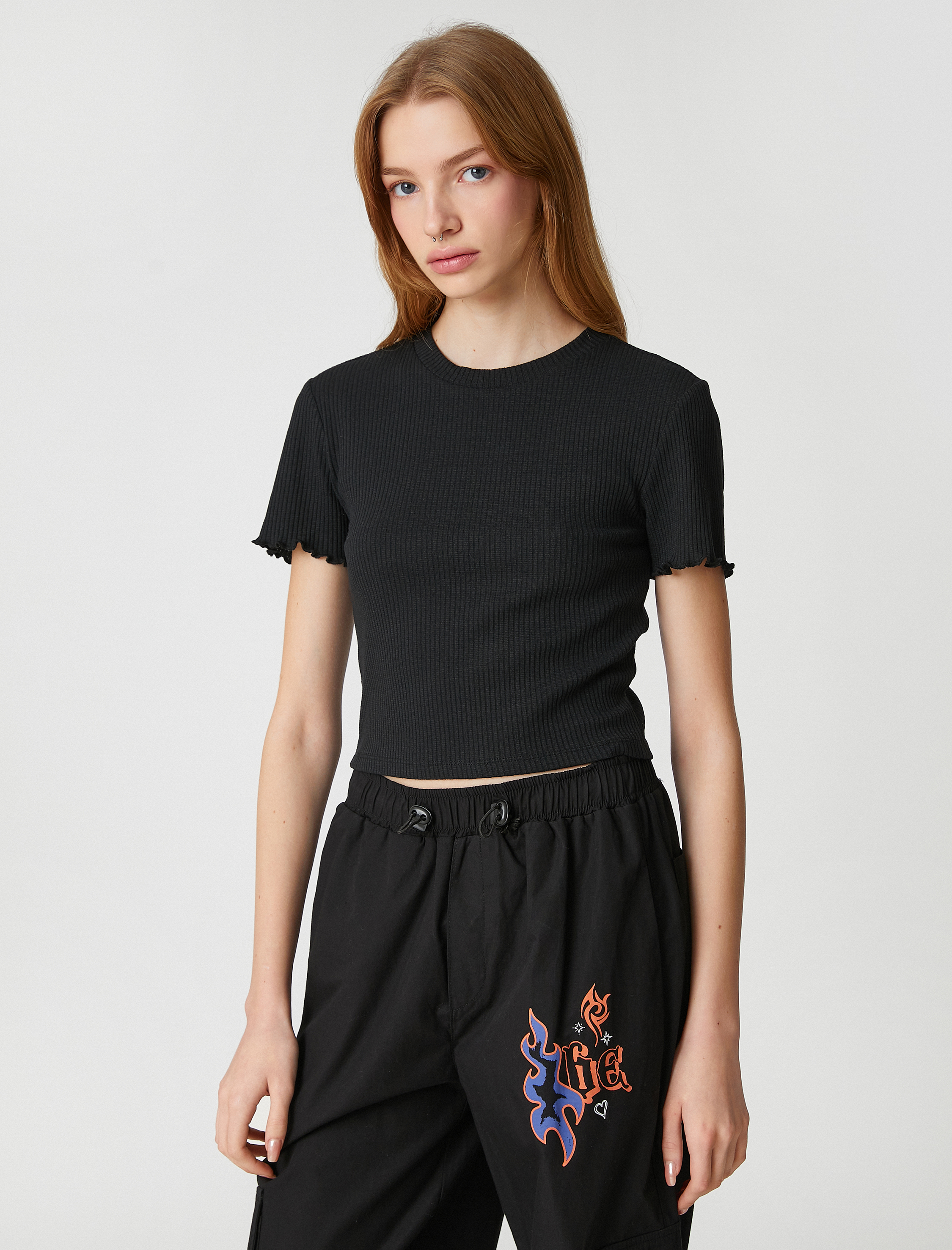   Crop Tişört Kısa Kollu Bisiklet Yaka Dokulu