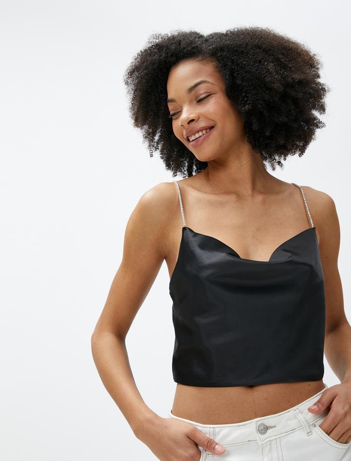  Saten Büstiyer Degaje Yaka İnce Taş Askılı