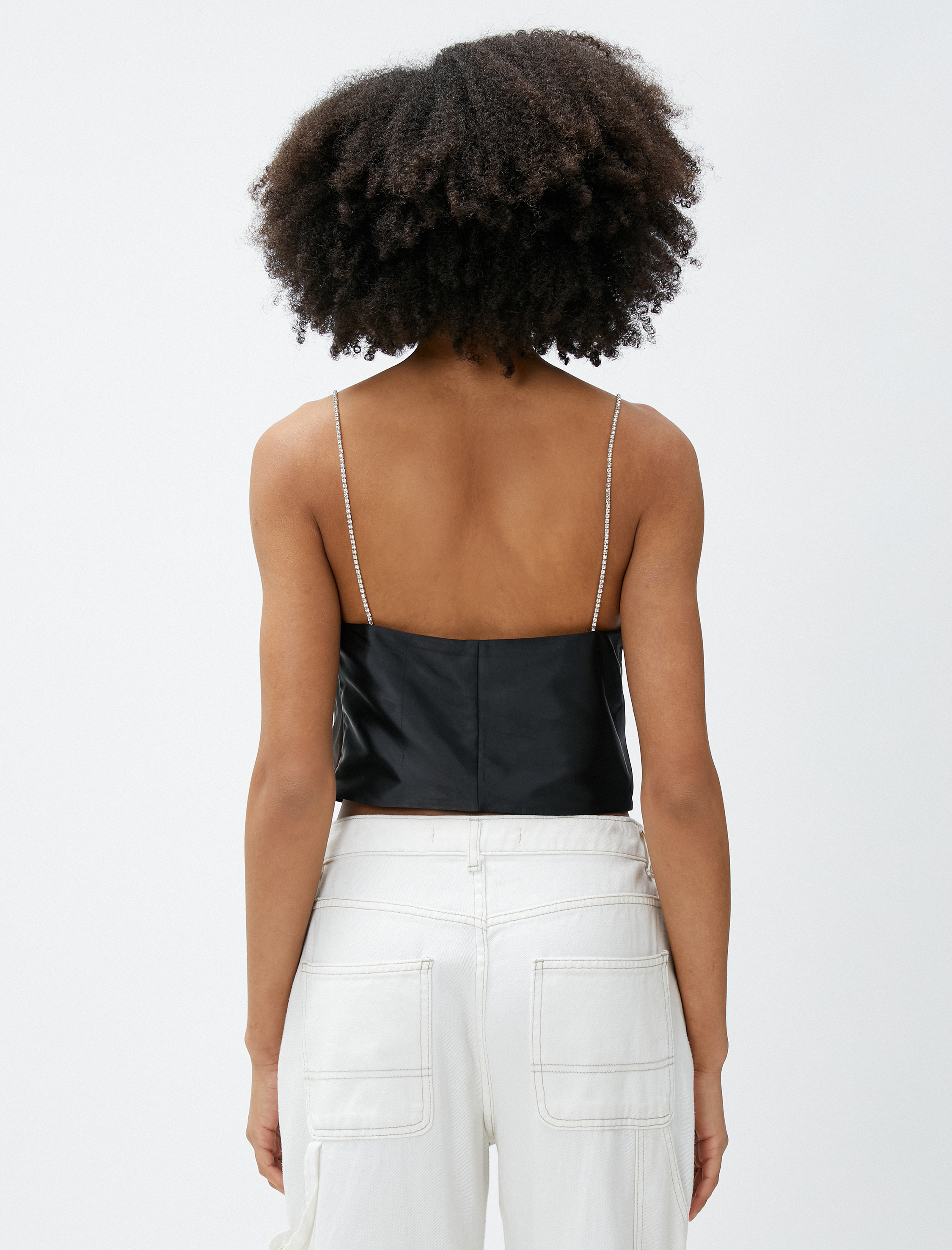   Saten Büstiyer Degaje Yaka İnce Taş Askılı