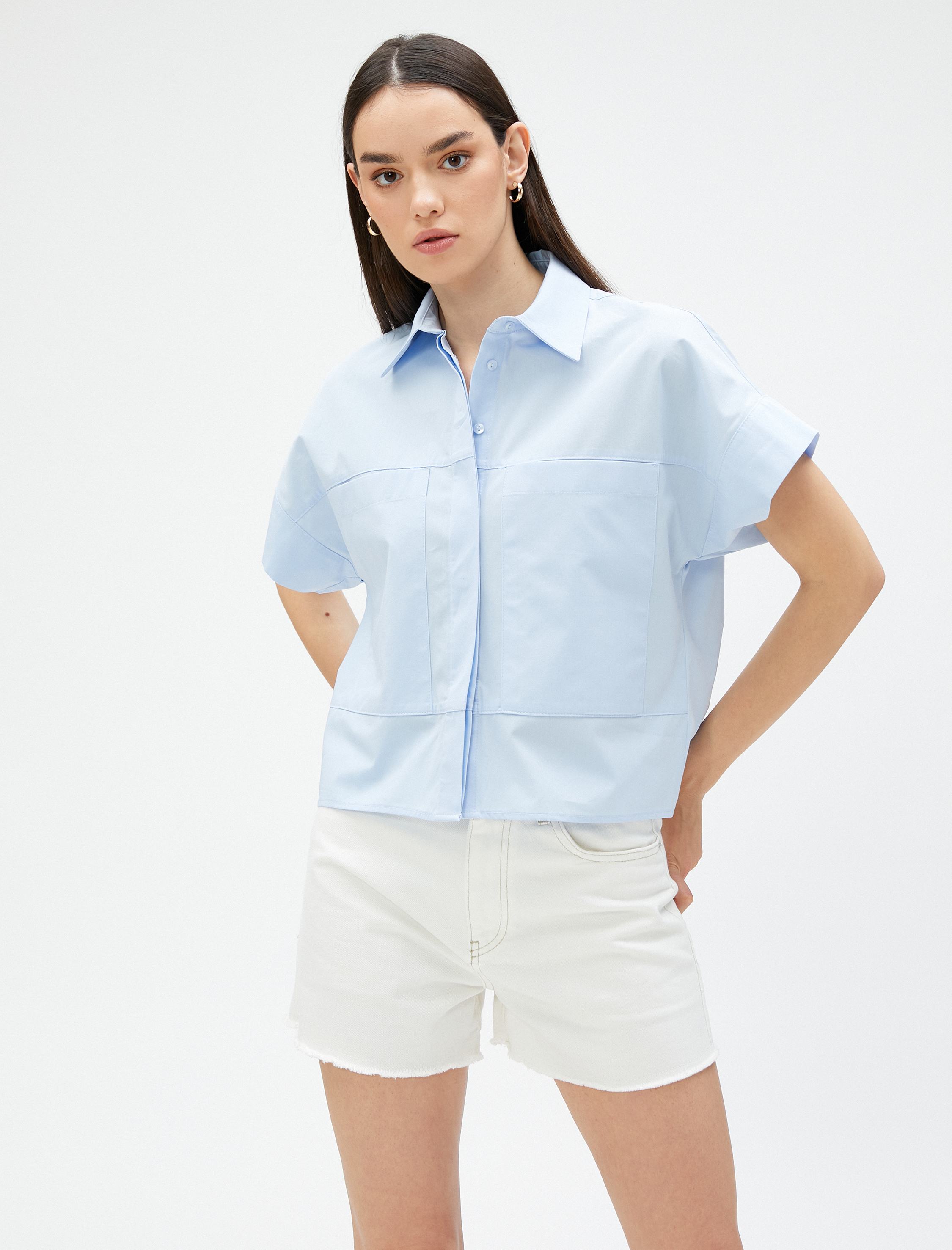   Crop Poplin Gömlek Kısa Kollu Pamuklu