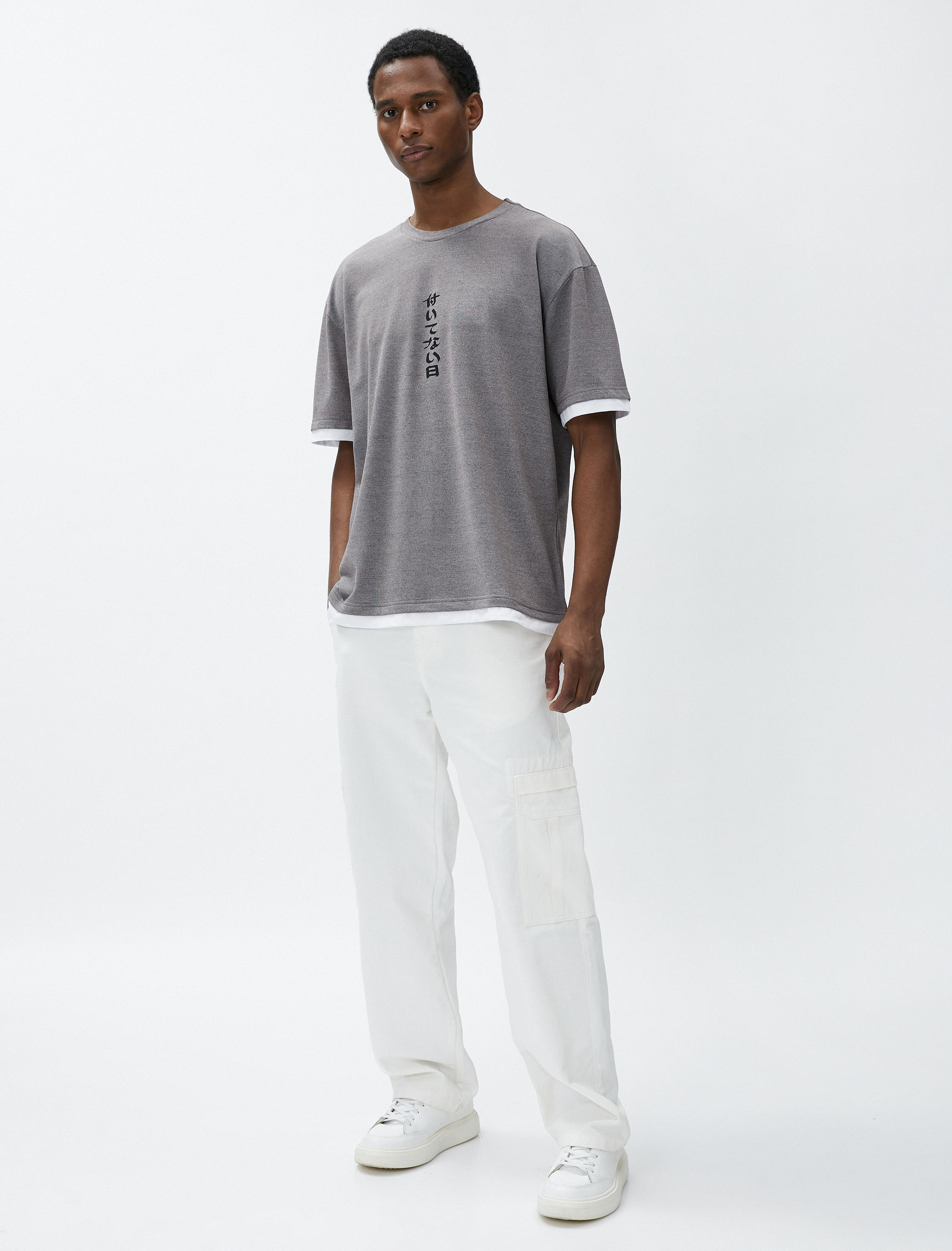   Uzak Doğu Baskılı Tişört Bisiklet Yaka Kısa Kollu