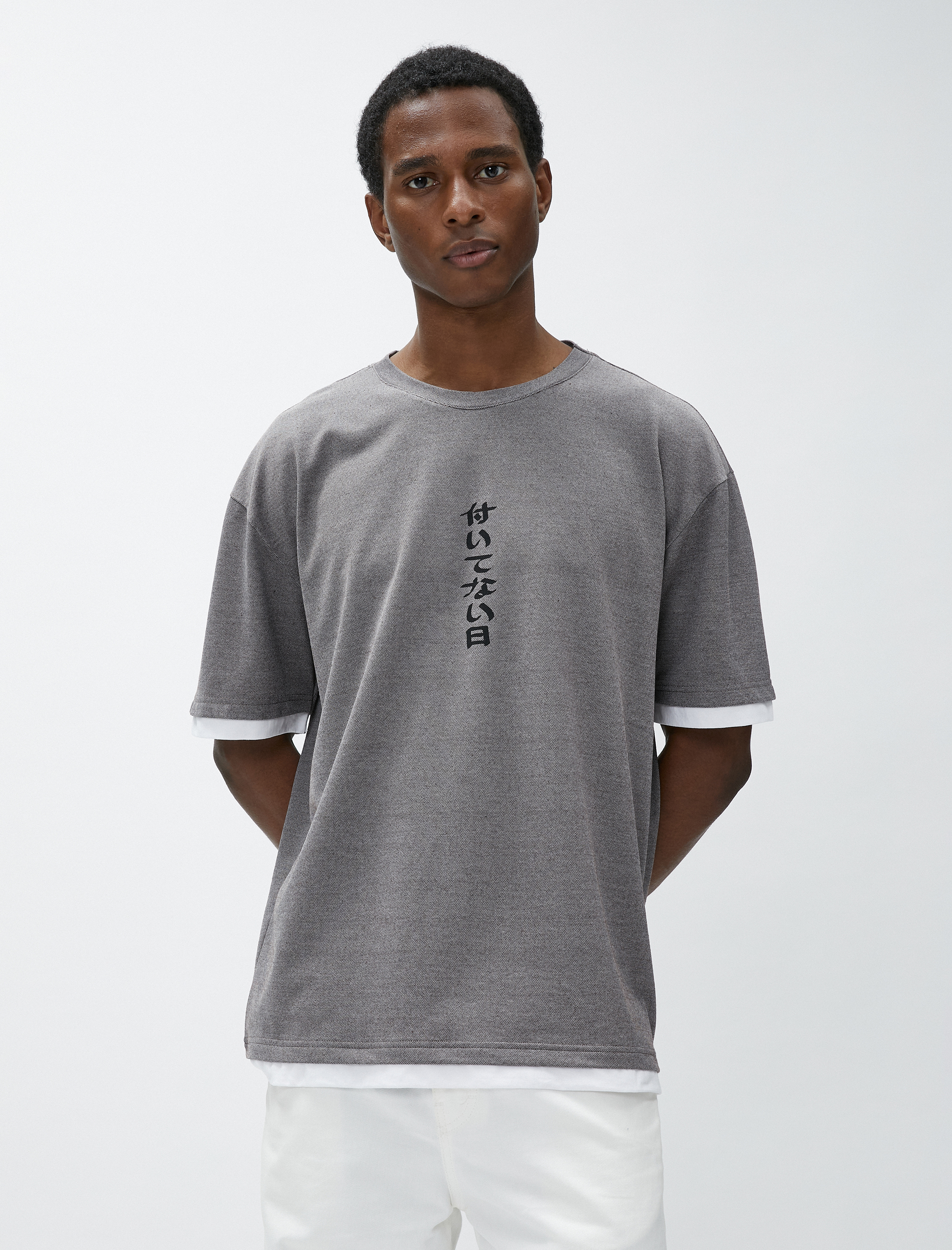   Uzak Doğu Baskılı Tişört Bisiklet Yaka Kısa Kollu