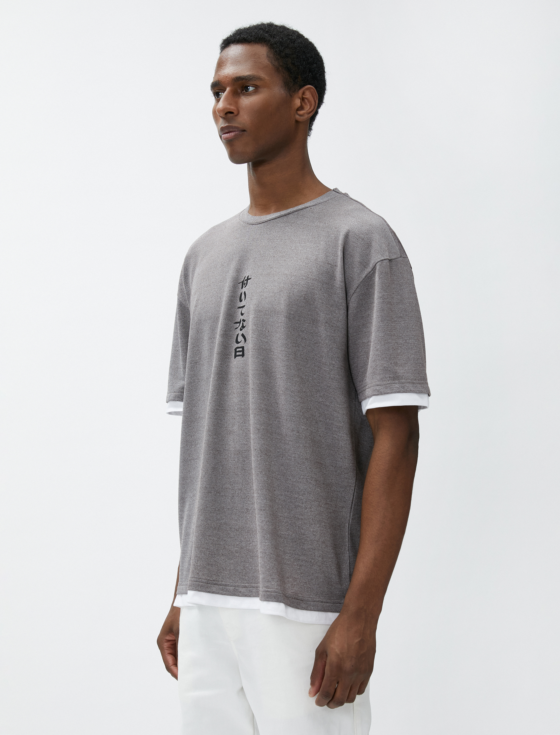   Uzak Doğu Baskılı Tişört Bisiklet Yaka Kısa Kollu