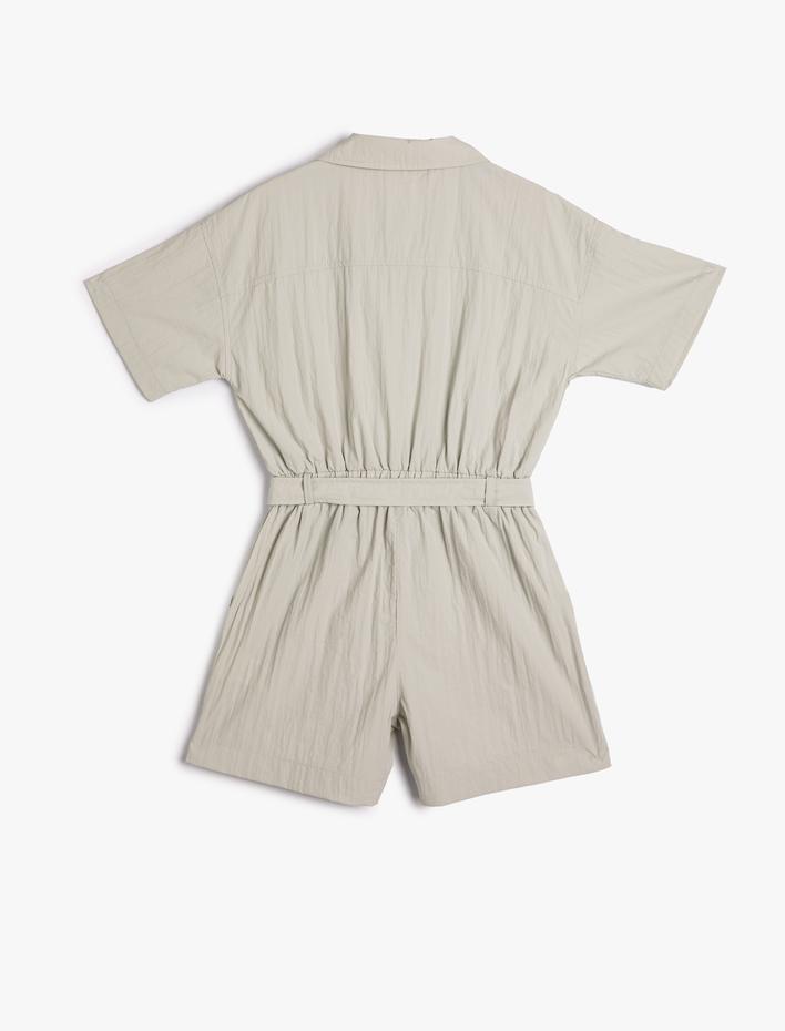 Kız Çocuk Tulum Kısa Kollu Gömlek Yaka Kemerli Cepli Çıtçıt Düğmeli