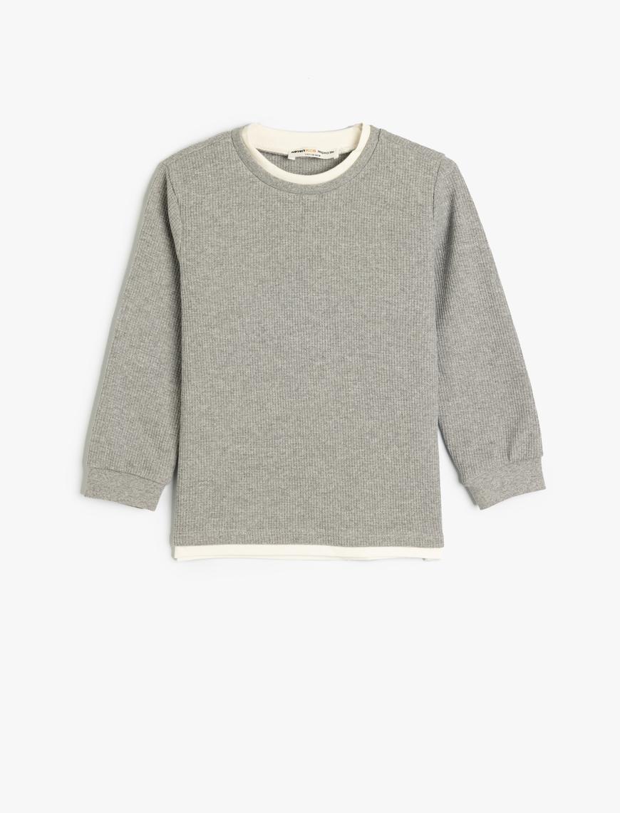  Erkek Çocuk Basic Sweatshirt Bisiklet Yaka Uzun Kollu Dokulu