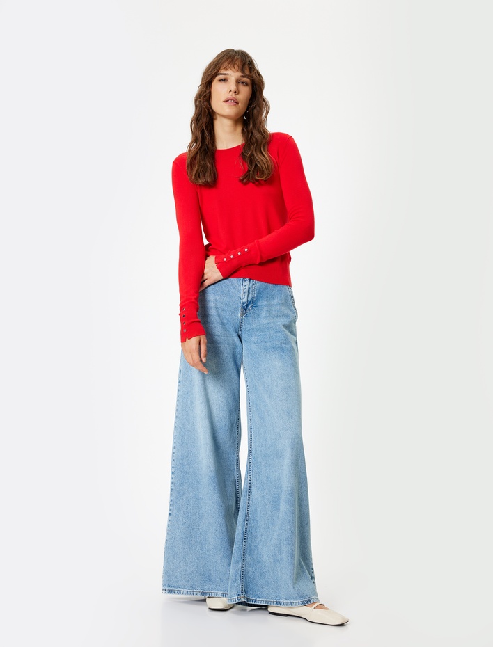  Basic Triko Kazak Düğme Detaylı Uzun Kollu Yuvarlak Yaka