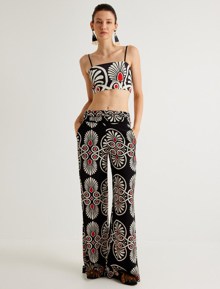  Koton X Melis Ağazat - Bol Paça Pantolon Yüksek Bel Etnik Desenli Cepli Viskoz Kumaş