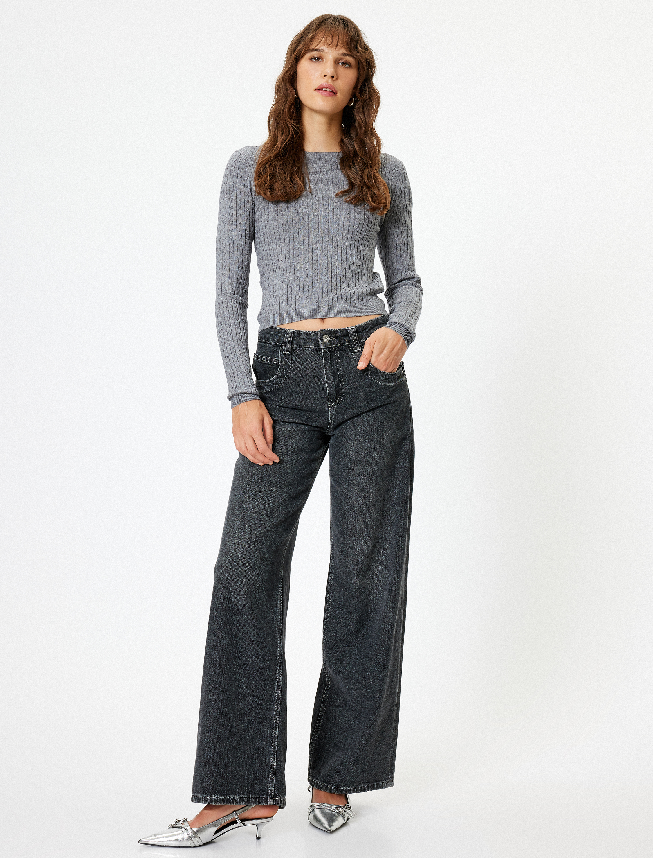   Bisiklet Yaka Uzun Kollu Saç Örgü Desenli Triko Kazak