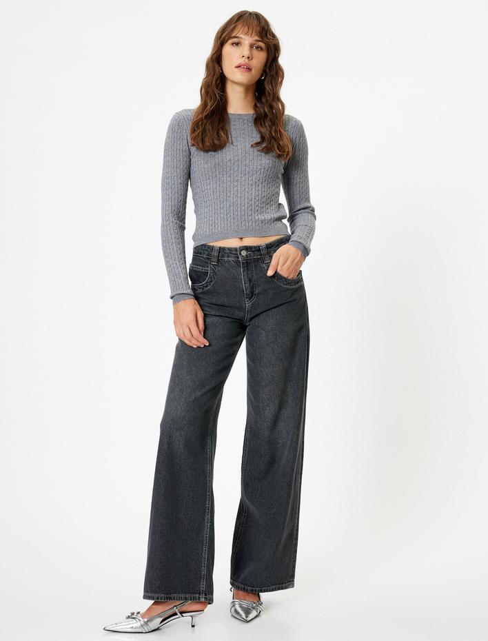  Bisiklet Yaka Uzun Kollu Saç Örgü Desenli Triko Kazak