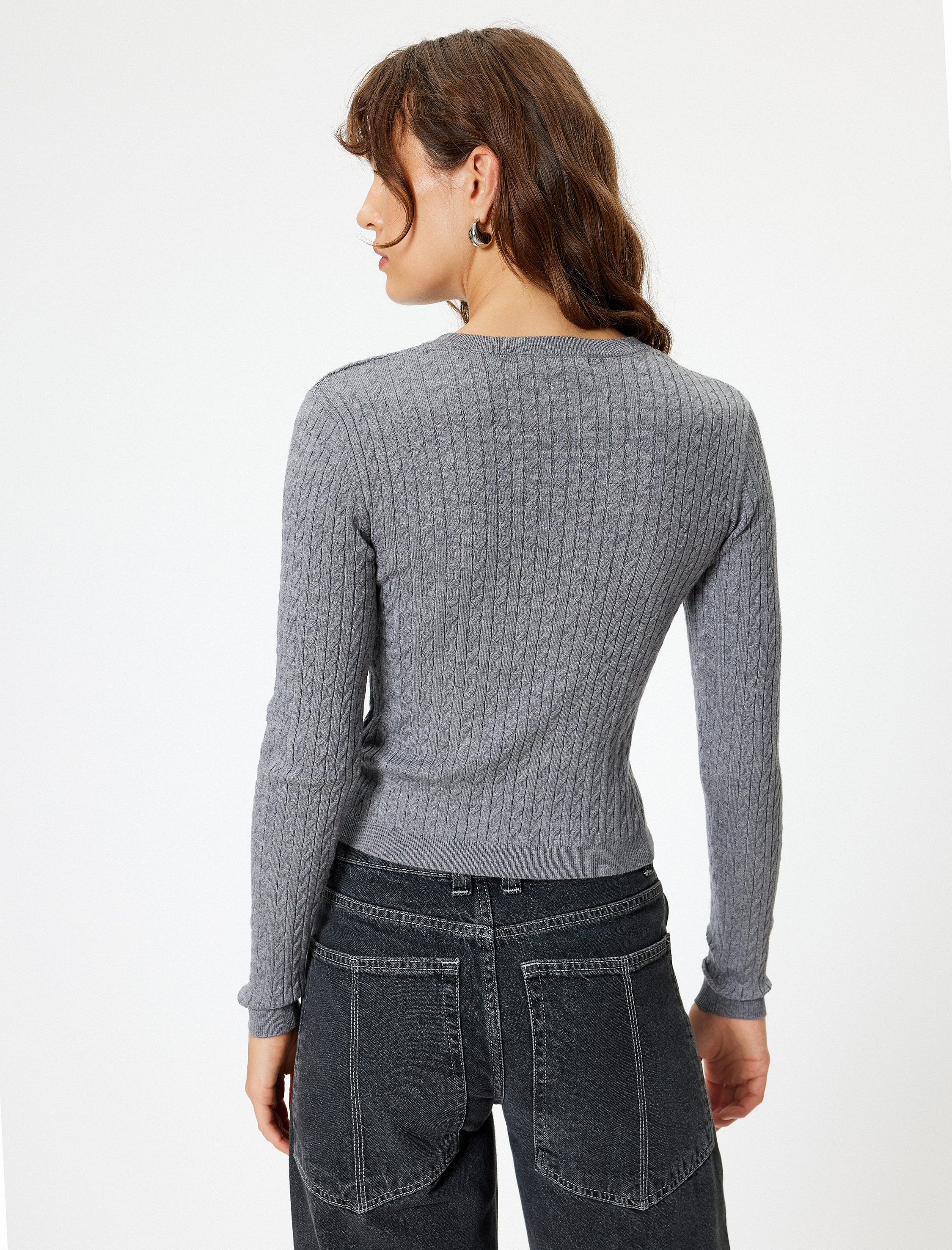   Bisiklet Yaka Uzun Kollu Saç Örgü Desenli Triko Kazak