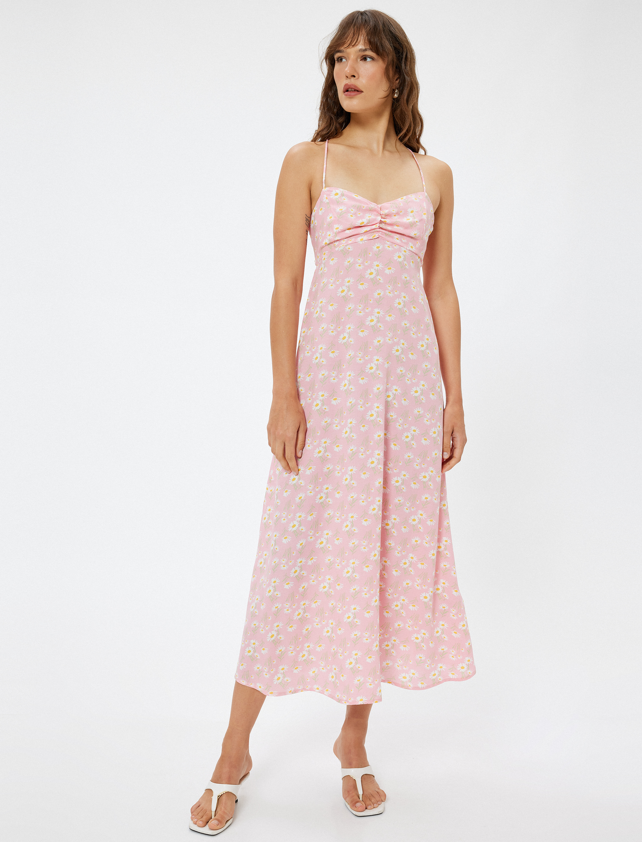   Keten Karışımlı Midi Boy Çiçekli Askılı Elbise Slim Fit Drape Detaylı