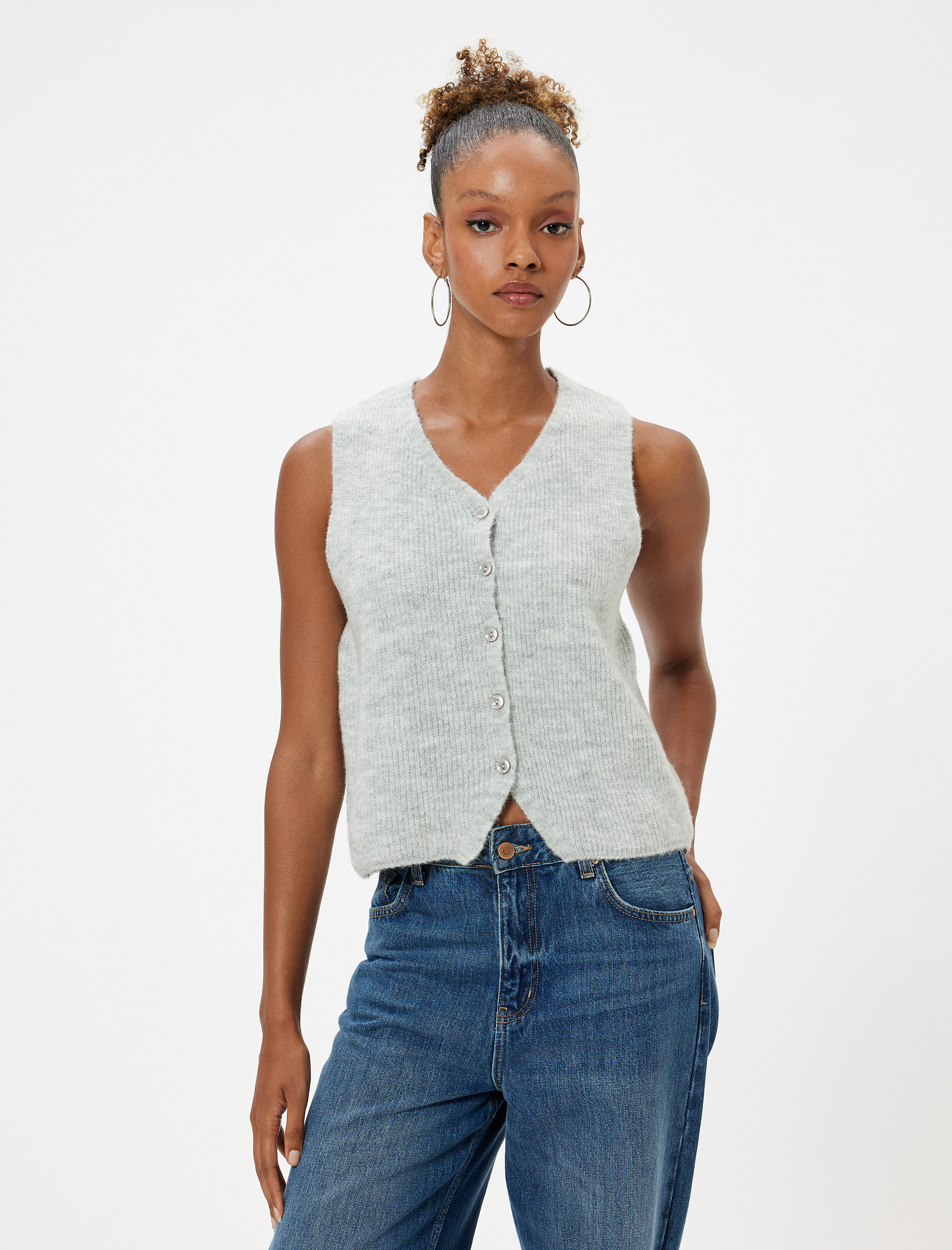   Crop Triko Yelek Düğmeli V Yaka