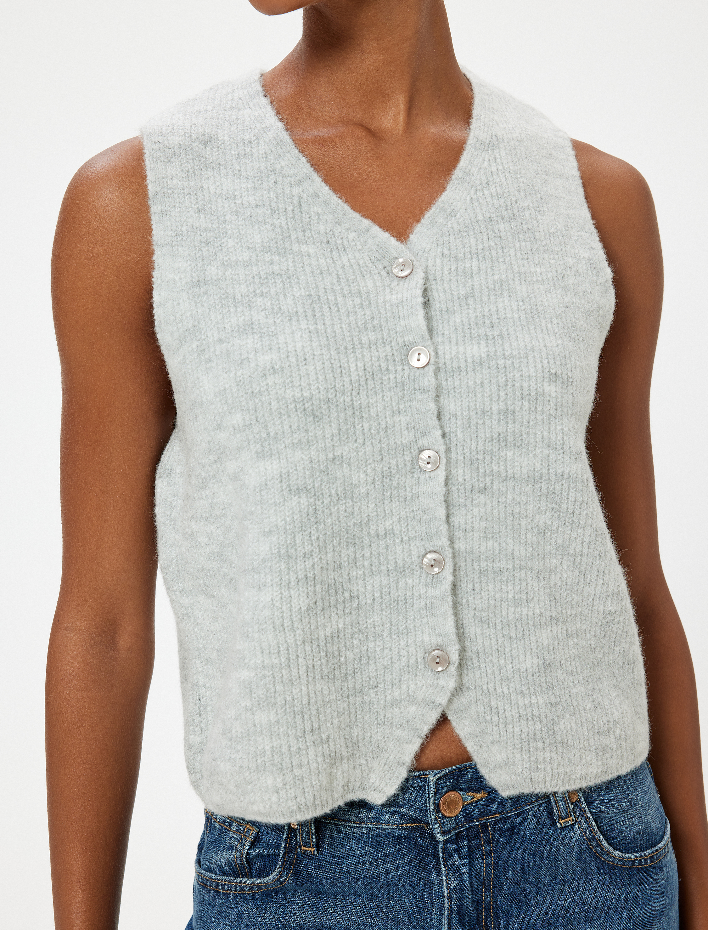   Crop Triko Yelek Düğmeli V Yaka