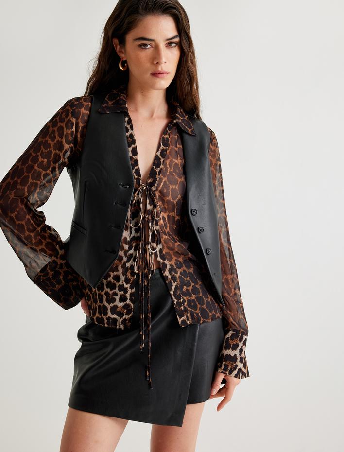  Suni Deri Kruvaze Mini Şort Etek