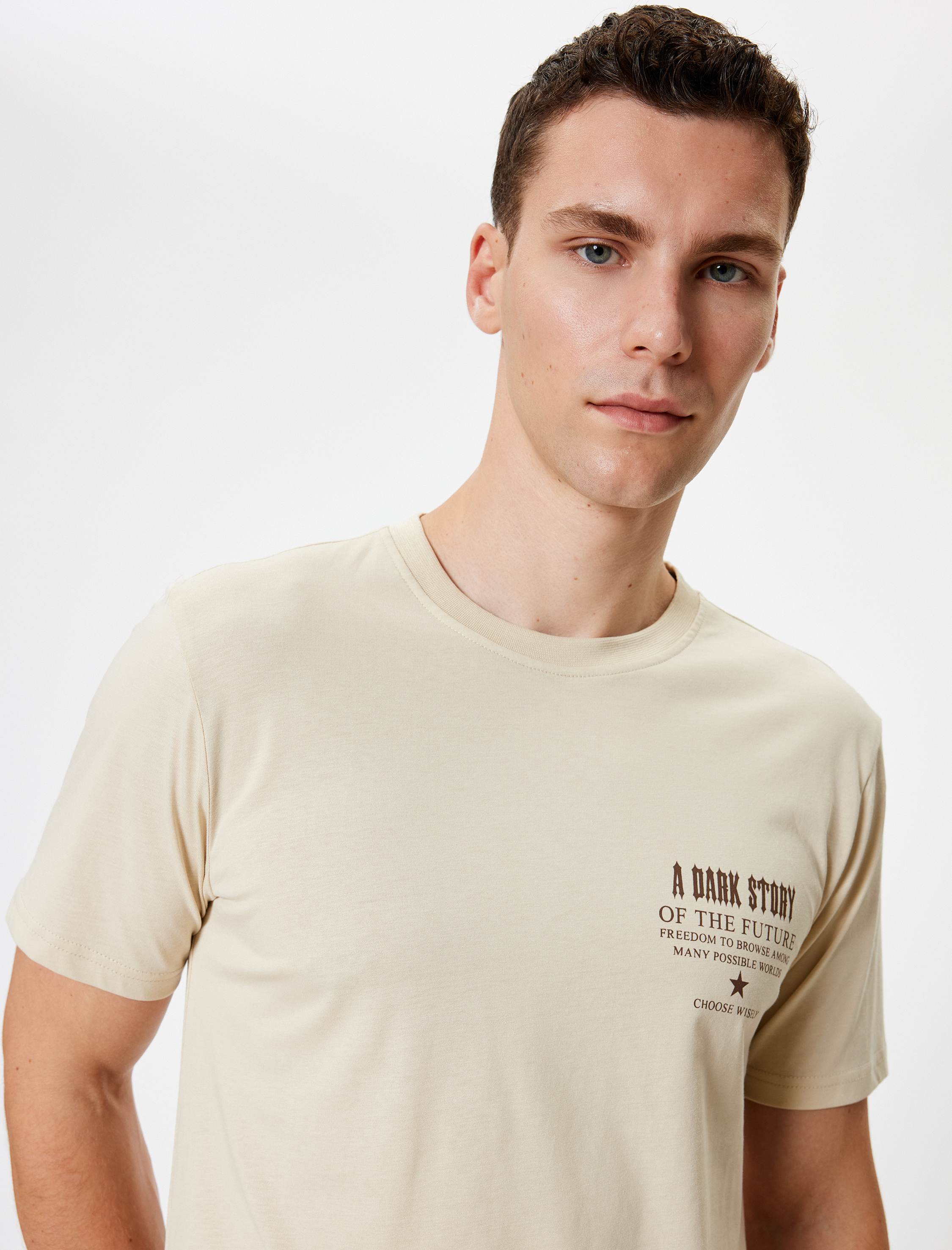   Slim Fit Tişört Slogan Baskılı Kısa Kollu Bisiklet Yaka Pamuklu