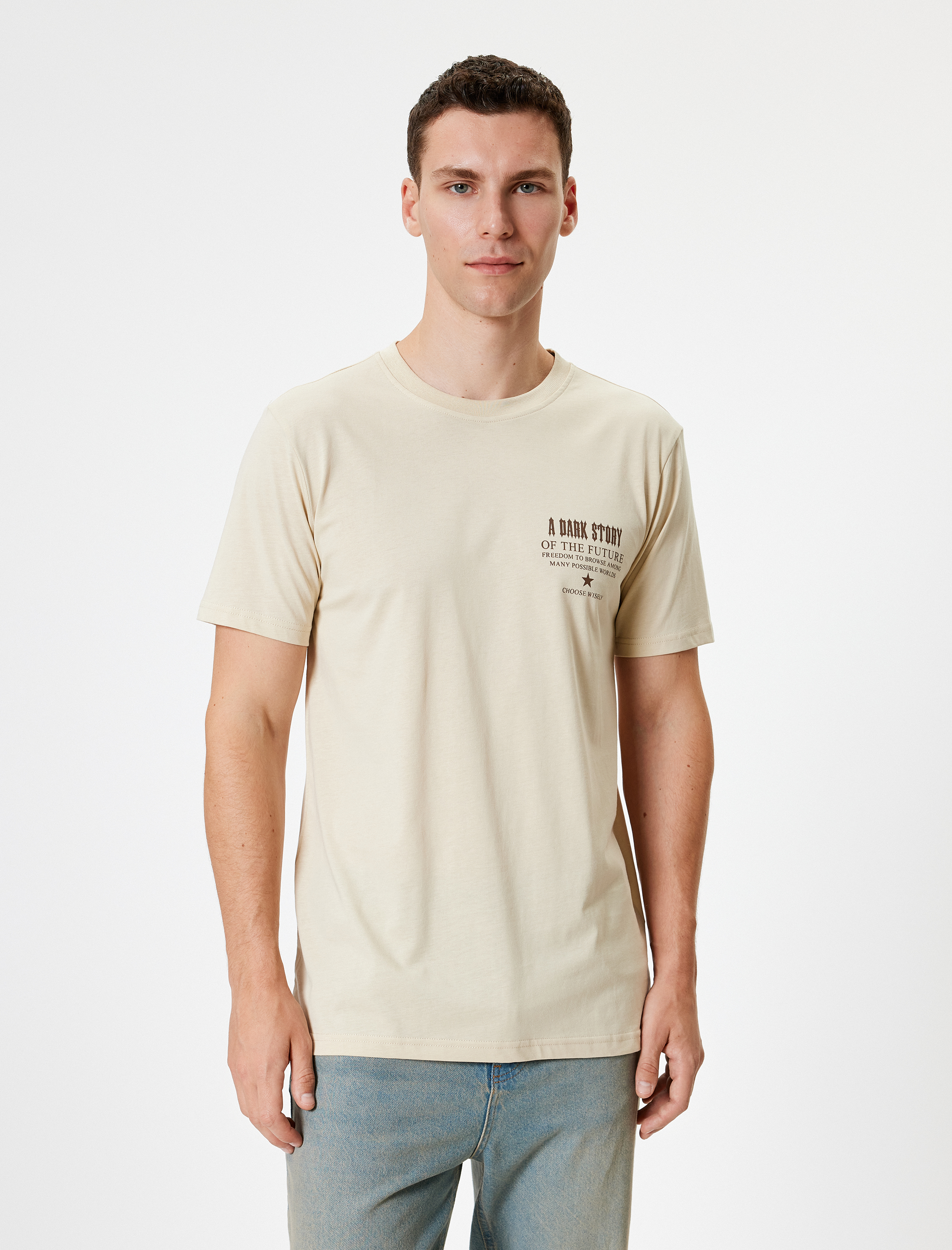   Slim Fit Tişört Slogan Baskılı Kısa Kollu Bisiklet Yaka Pamuklu