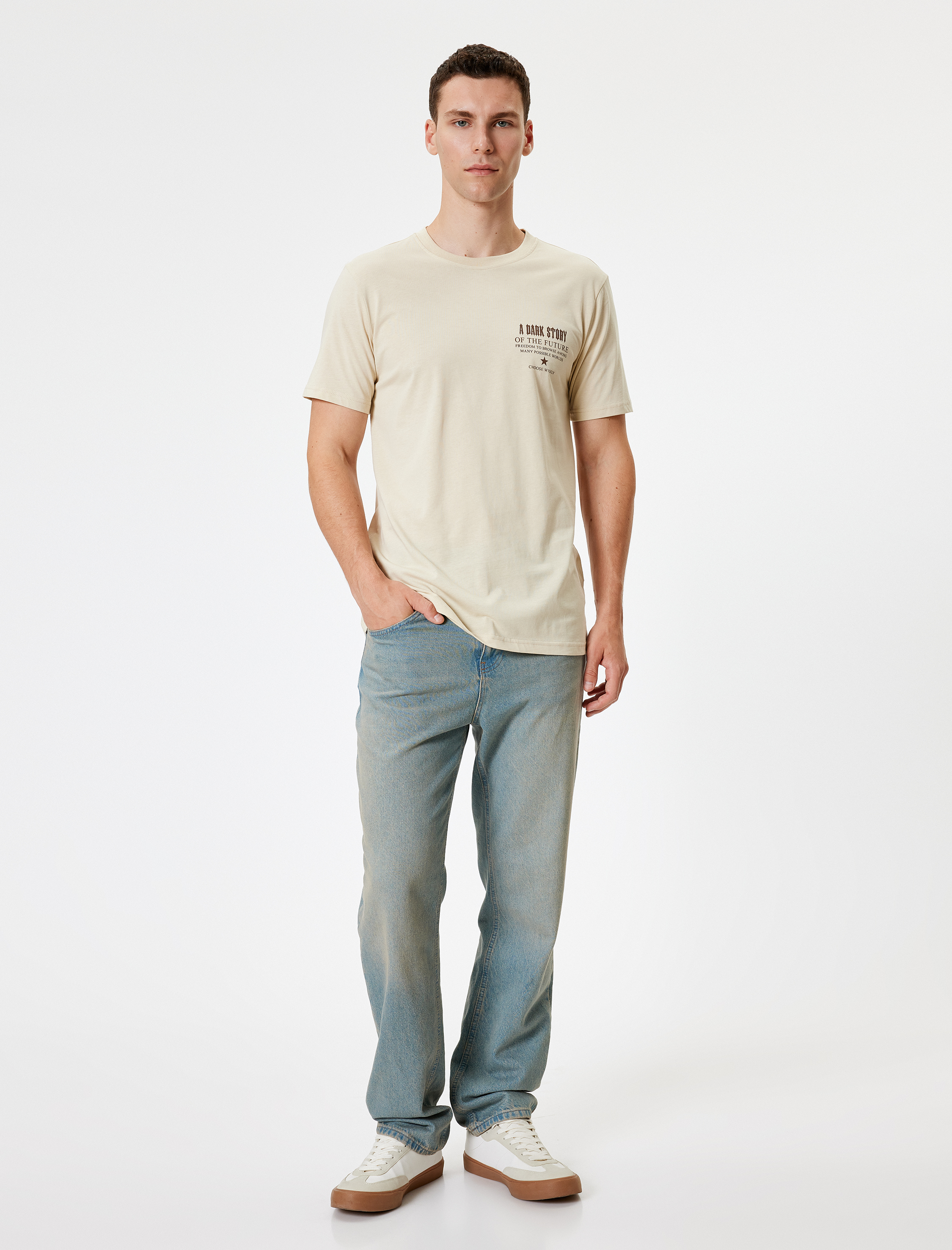   Slim Fit Tişört Slogan Baskılı Kısa Kollu Bisiklet Yaka Pamuklu