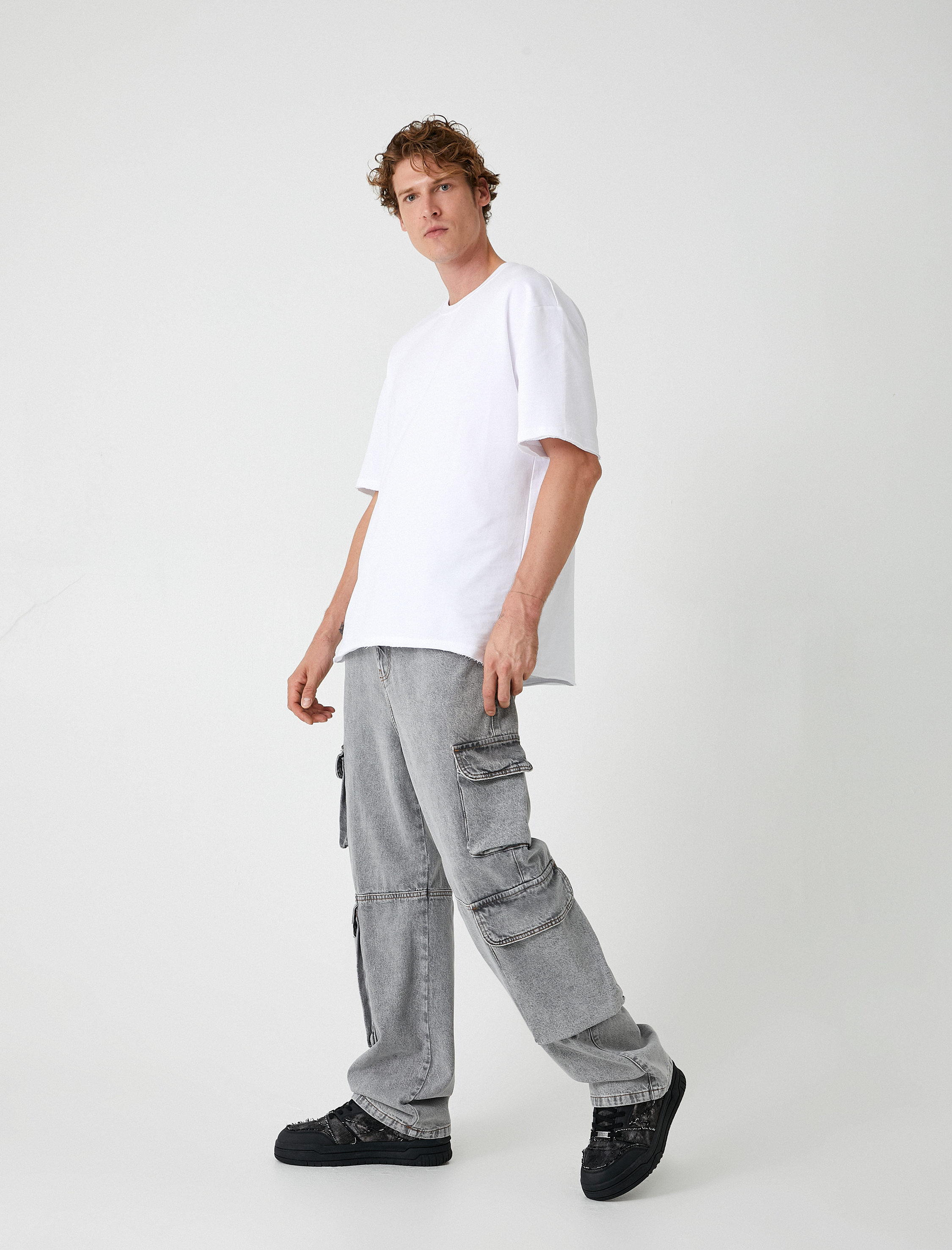   Oversize Cep Detaylı Pamuklu Kargo Kot Pantolon