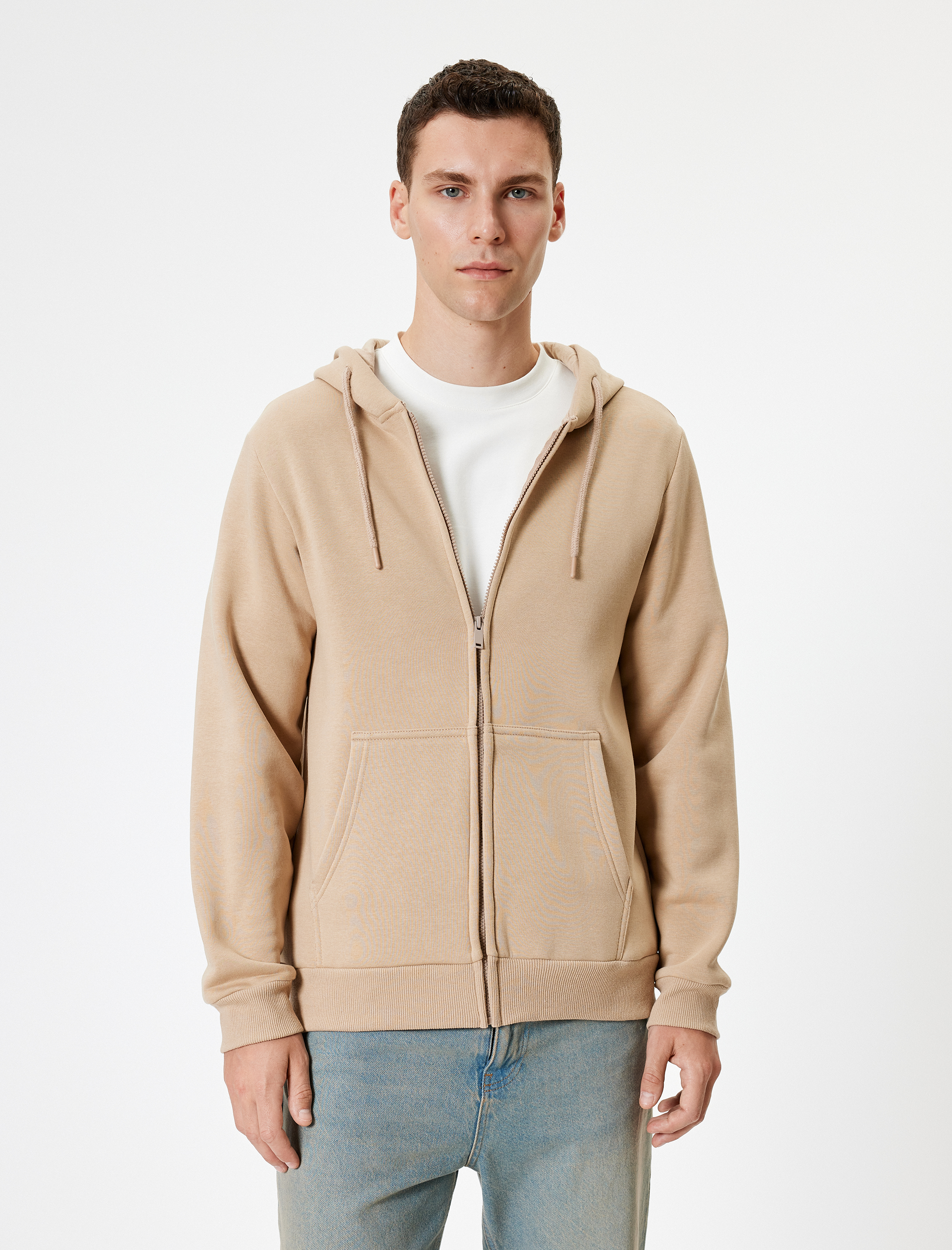   Cep Detaylı Şardonlu Fermuarlı Pamuklu Basic Kapşonlu Sweatshirt