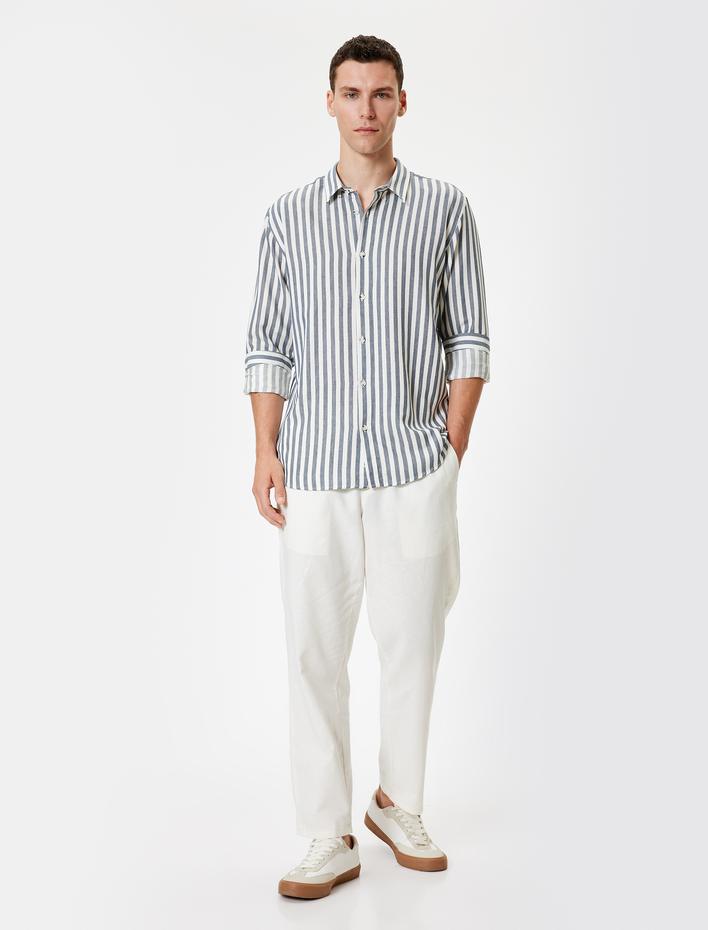  Uzun Kollu Düğmeli Yaka Çizgili Regular Fit Gömlek