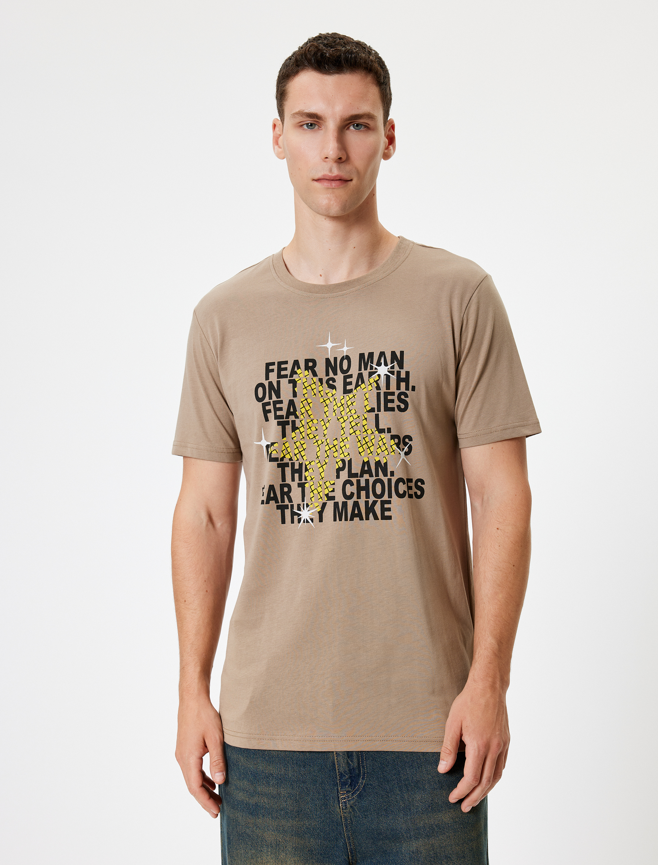   Slim Fit Tişört Yıldız Baskılı Kısa Kollu Bisiklet Yaka Pamuklu