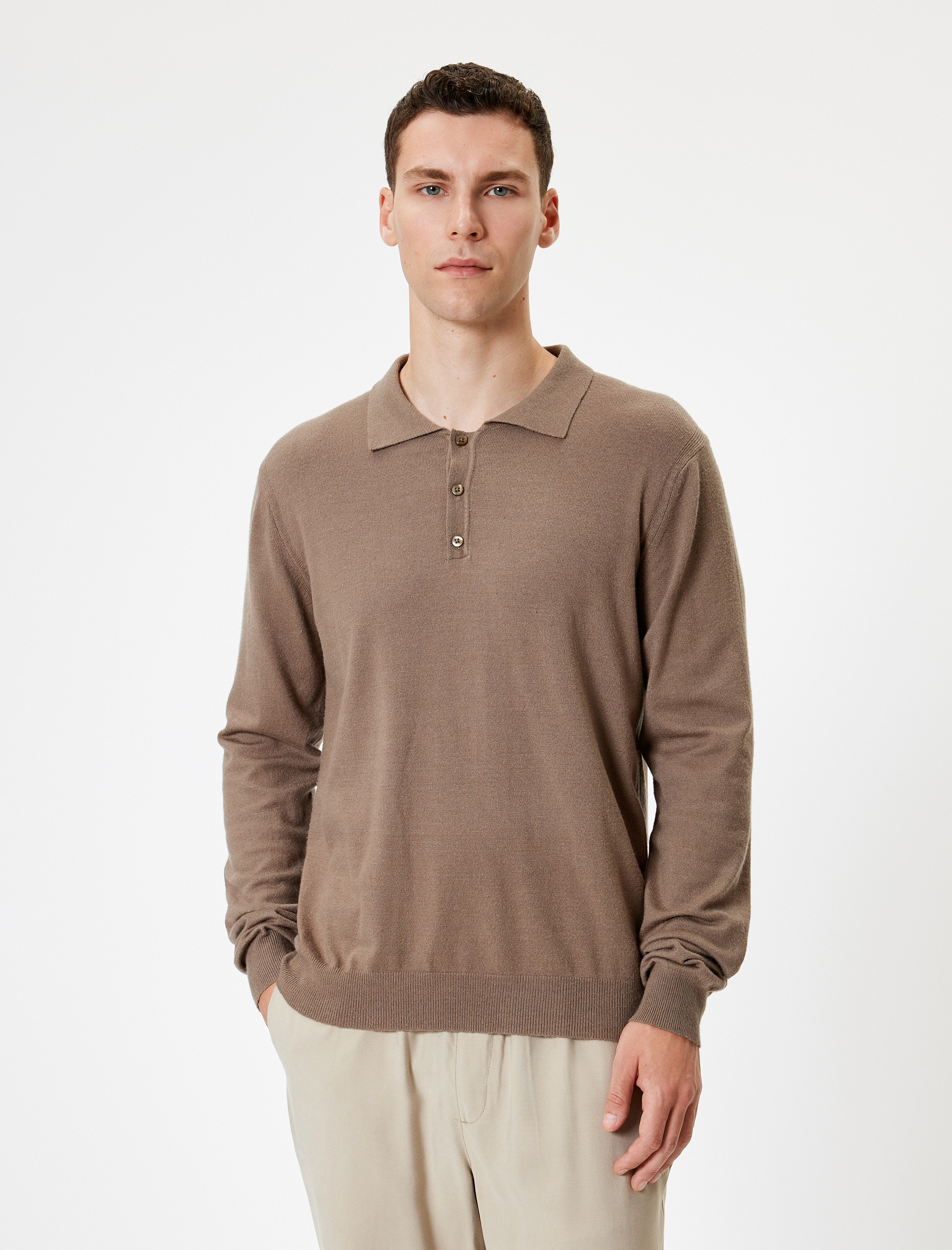   Polo Yaka Kazak Triko Basic Uzun Kollu Düğmeli