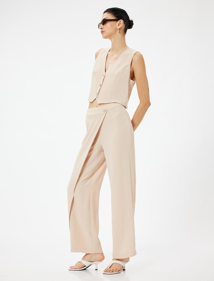  Kruvaze Detaylı Bol Paça Pantolon Aerobin Kumaş