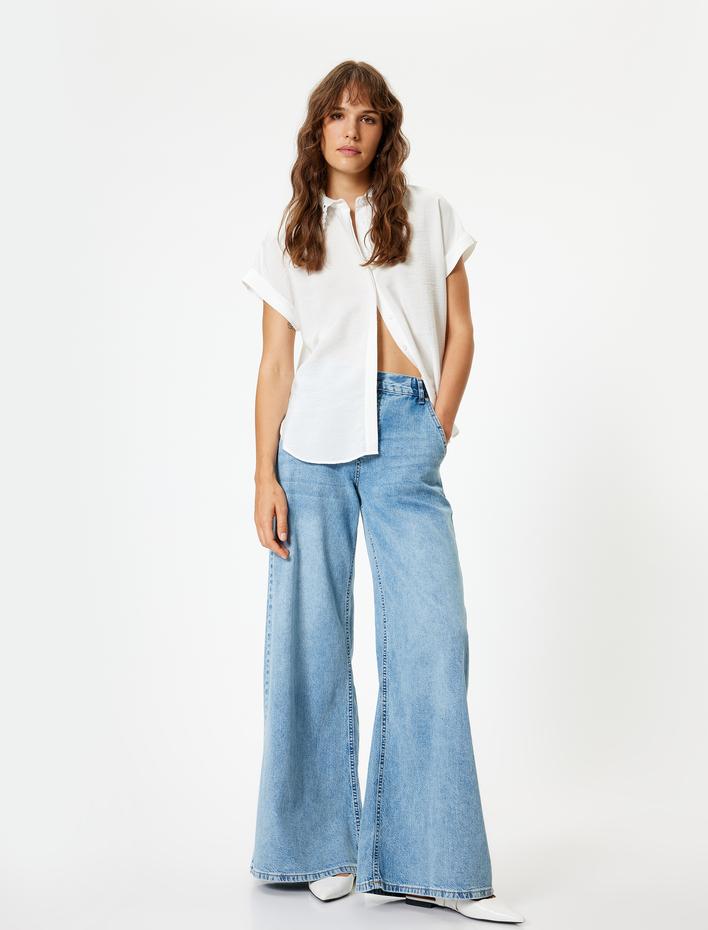  Dantel Yaka Gömlek Kısa Kollu Viskon Kumaş Regular Fit