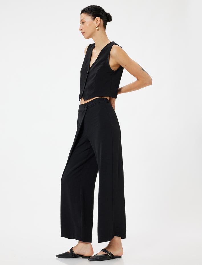  Kruvaze Detaylı Bol Paça Pantolon Aerobin Kumaş