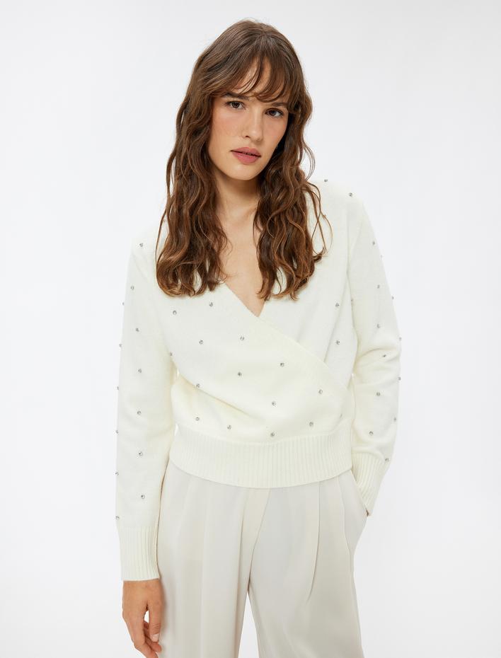  Yumuşak Dokulu Uzun Kollu Taşlı Kruvaze V Yaka Örgü Kazak