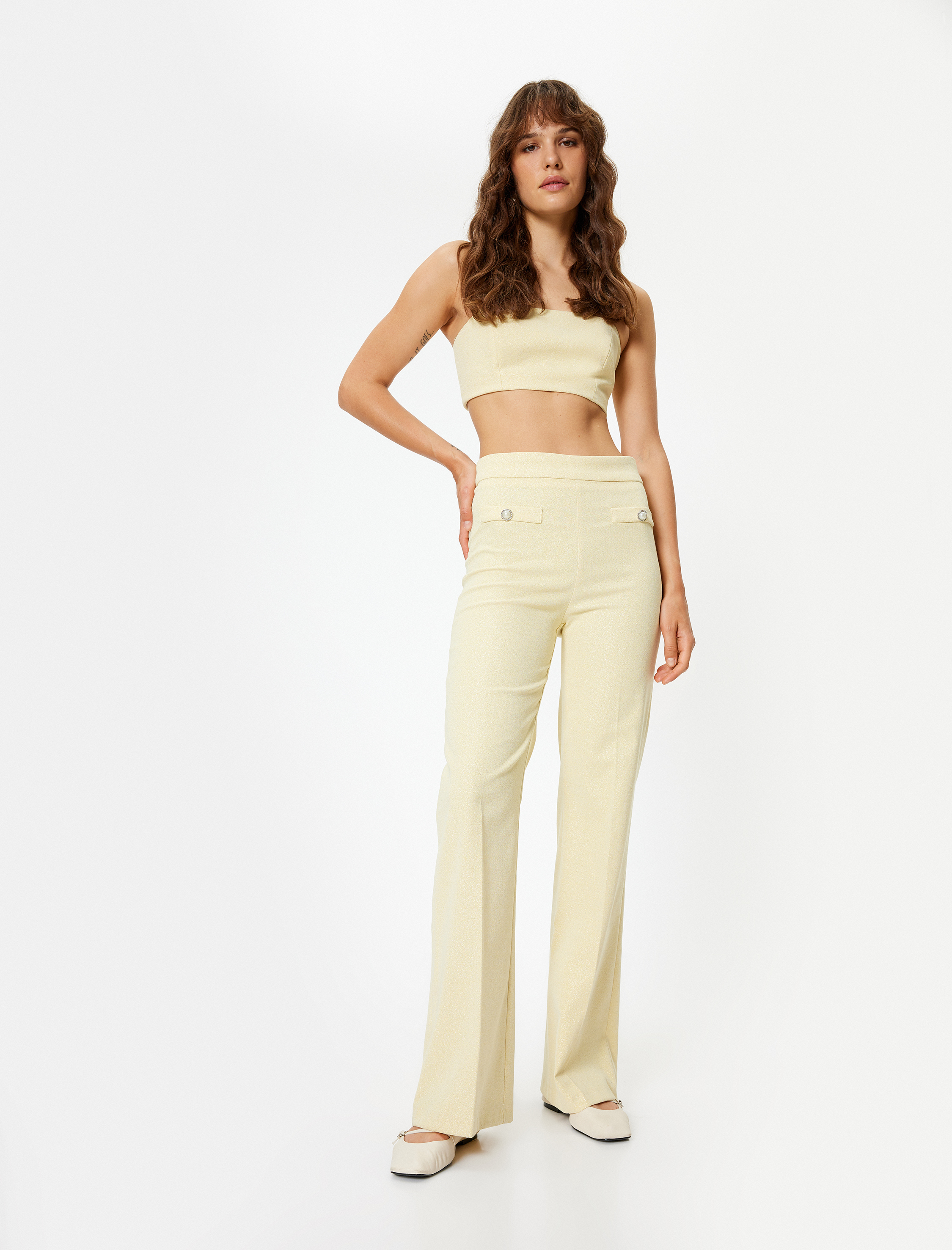   Parıltılı İspanyol Paça Pantolon Önden Aplike Cep Detaylı Slim Fit