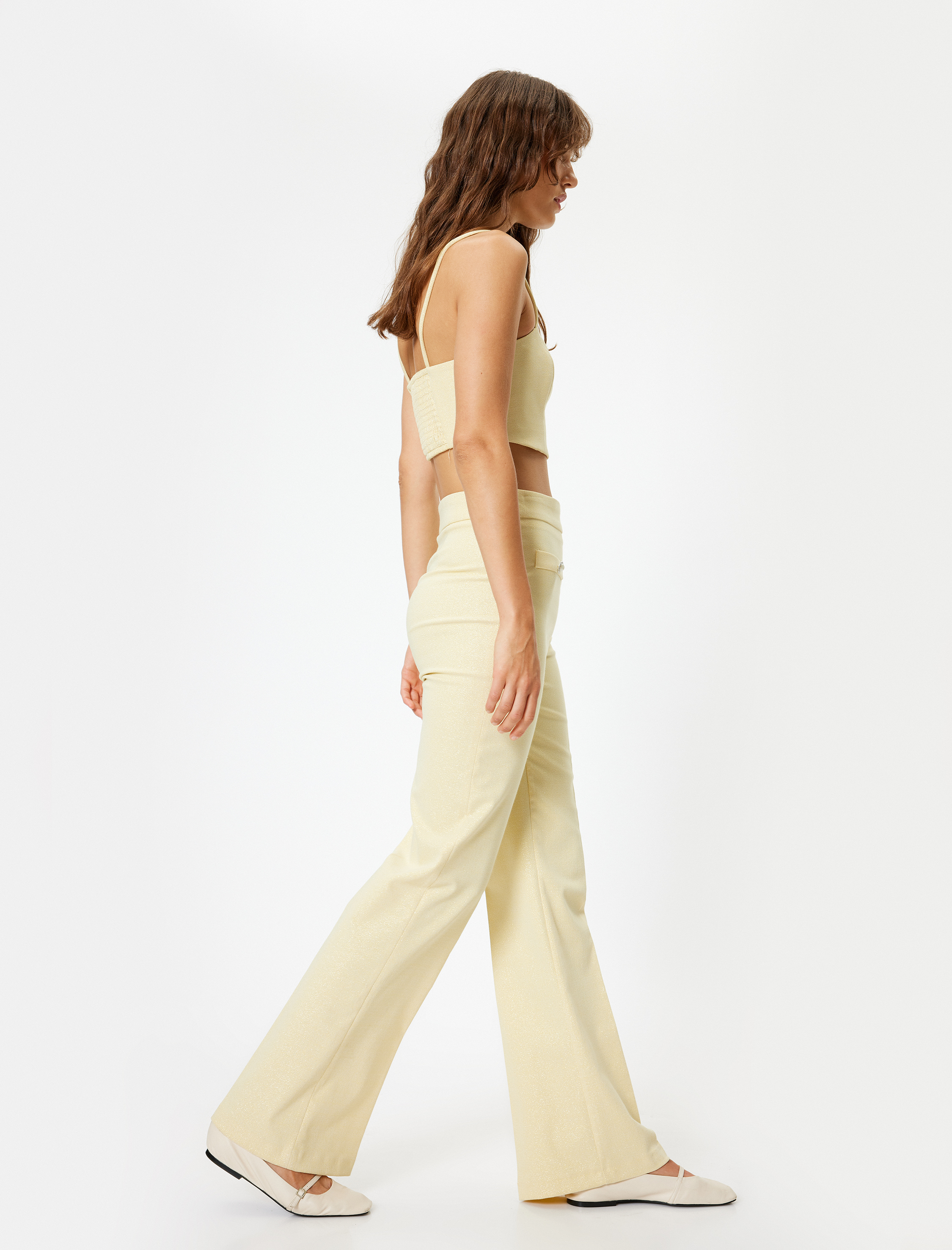   Parıltılı İspanyol Paça Pantolon Önden Aplike Cep Detaylı Slim Fit